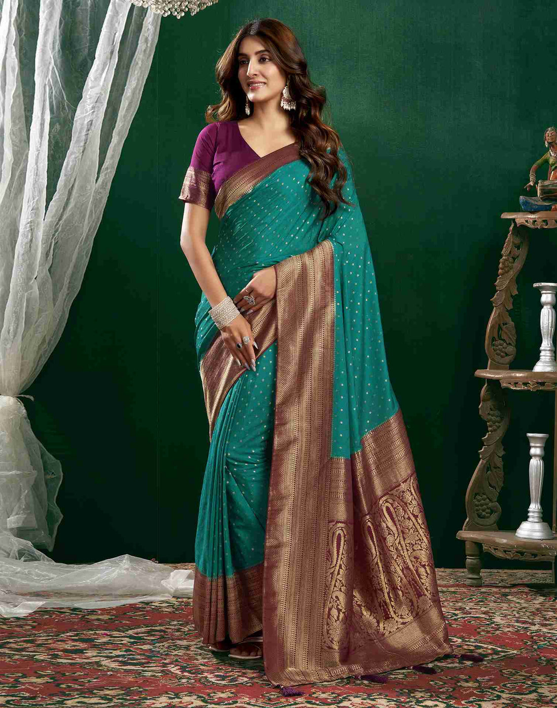 Teal Green Georgette Woven Banarasi Saree