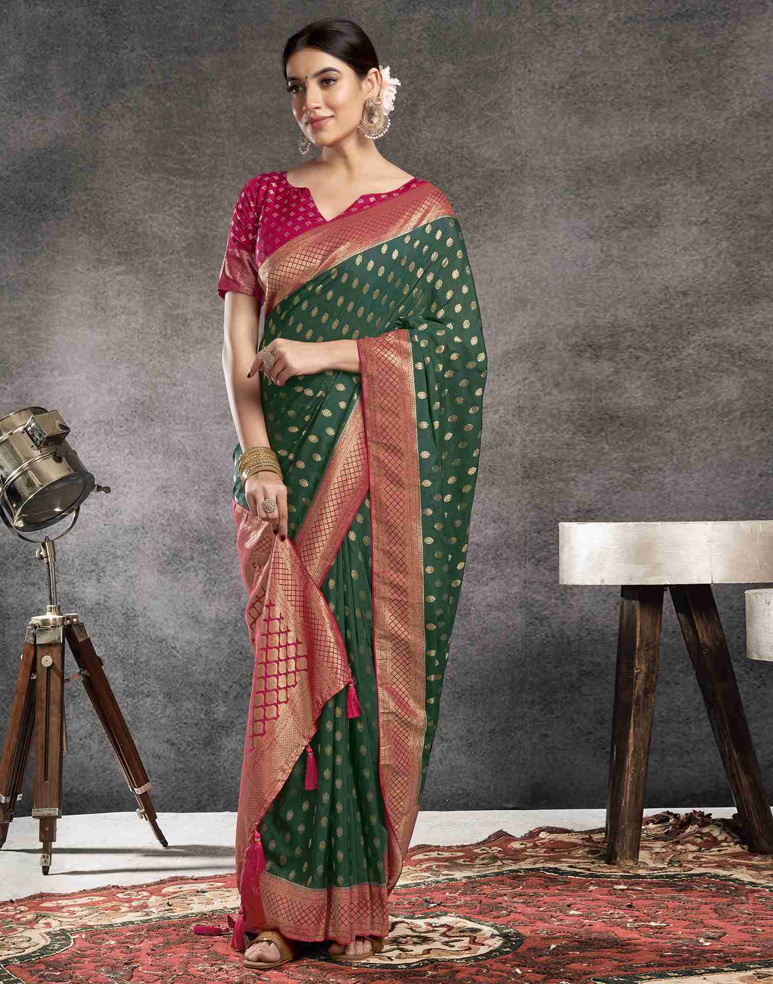 Dark Green Georgette Plain Banarasi Saree