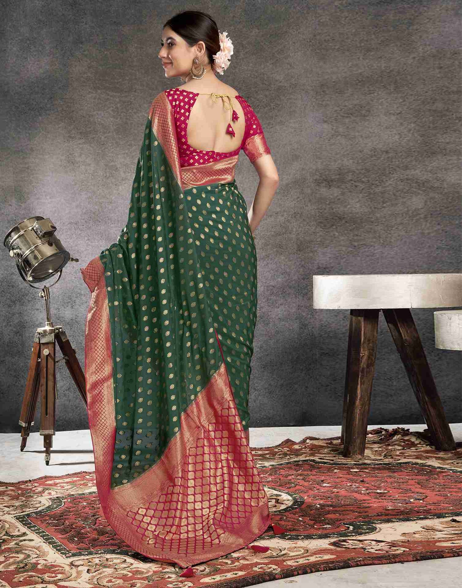 Dark Green Georgette Plain Banarasi Saree