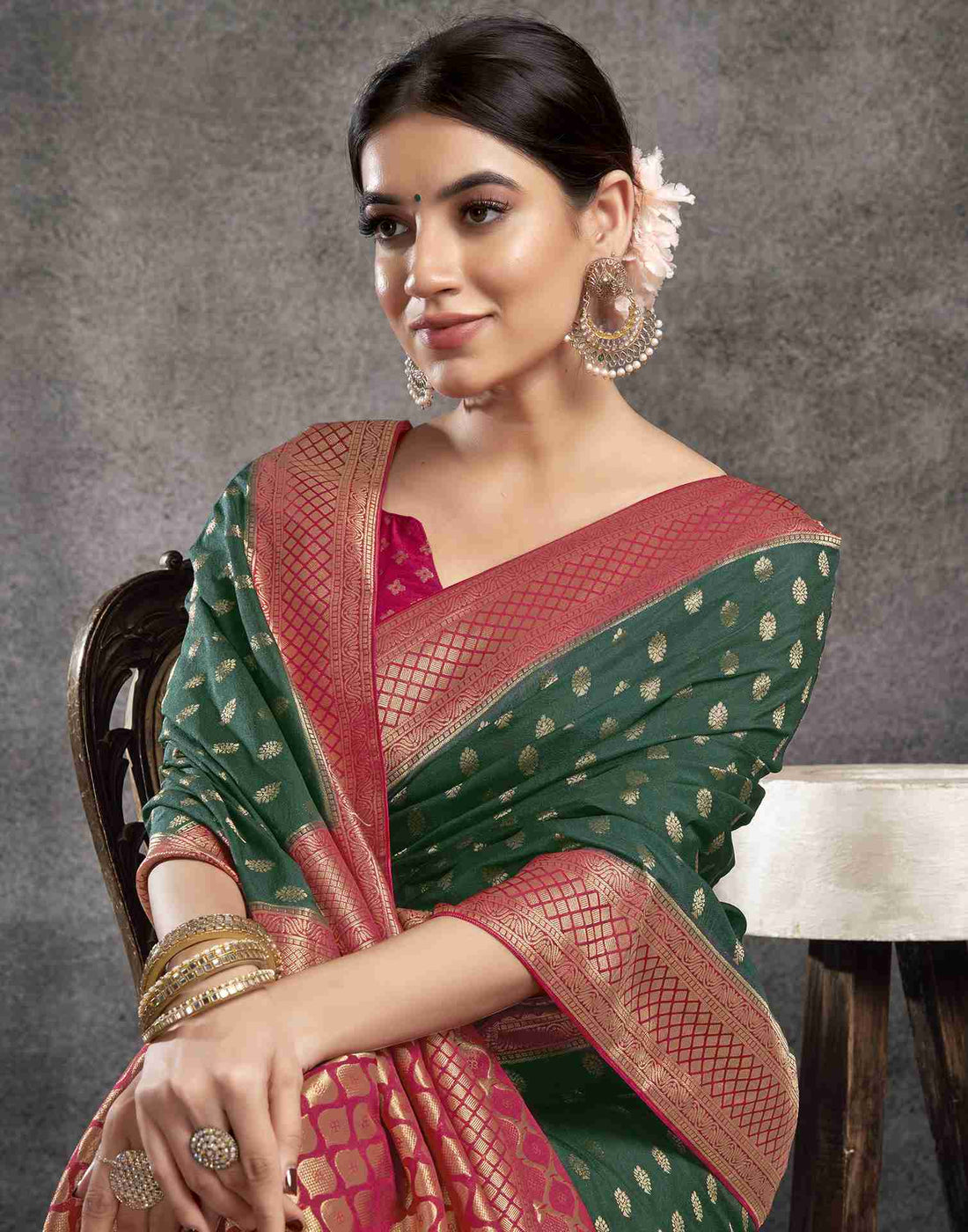 Dark Green Georgette Plain Banarasi Saree