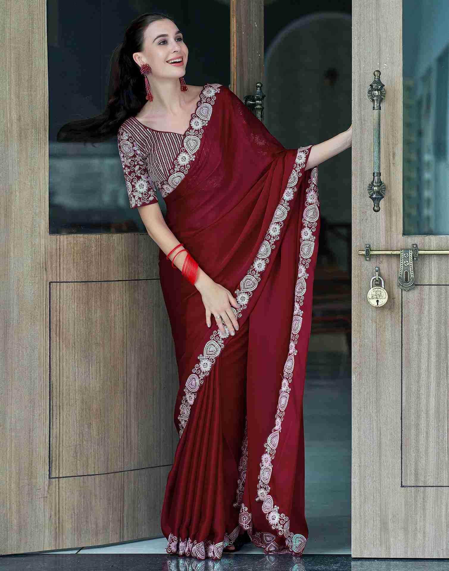 Maroon Chiffon Embroidery Plain Saree