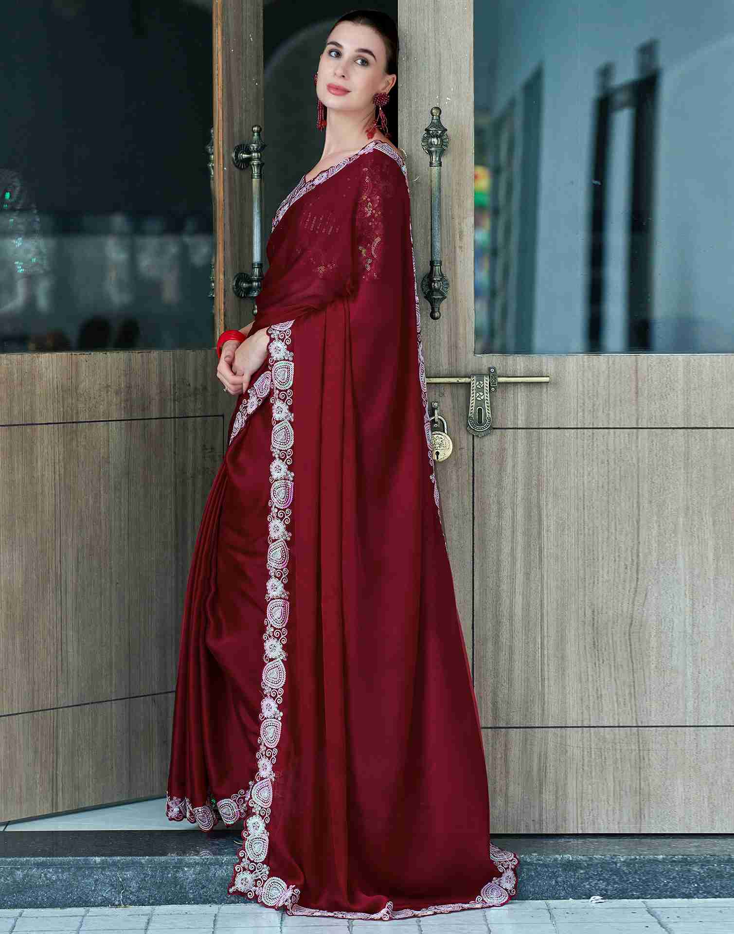 Maroon Chiffon Embroidery Plain Saree