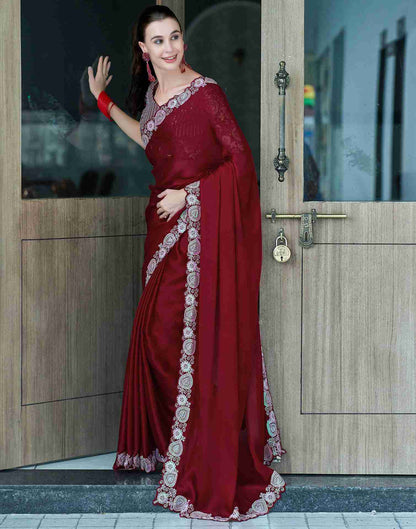 Maroon Chiffon Embroidery Plain Saree