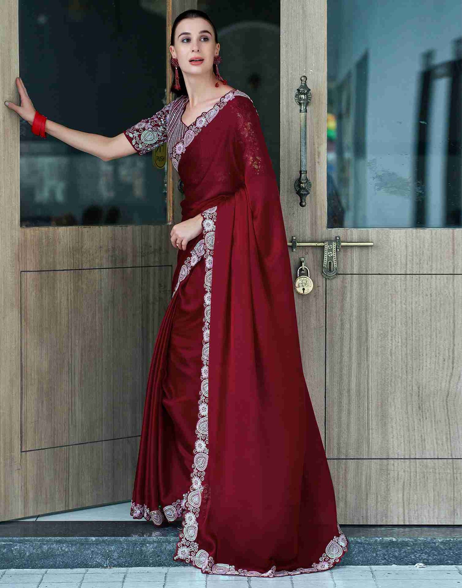 Maroon Chiffon Embroidery Plain Saree