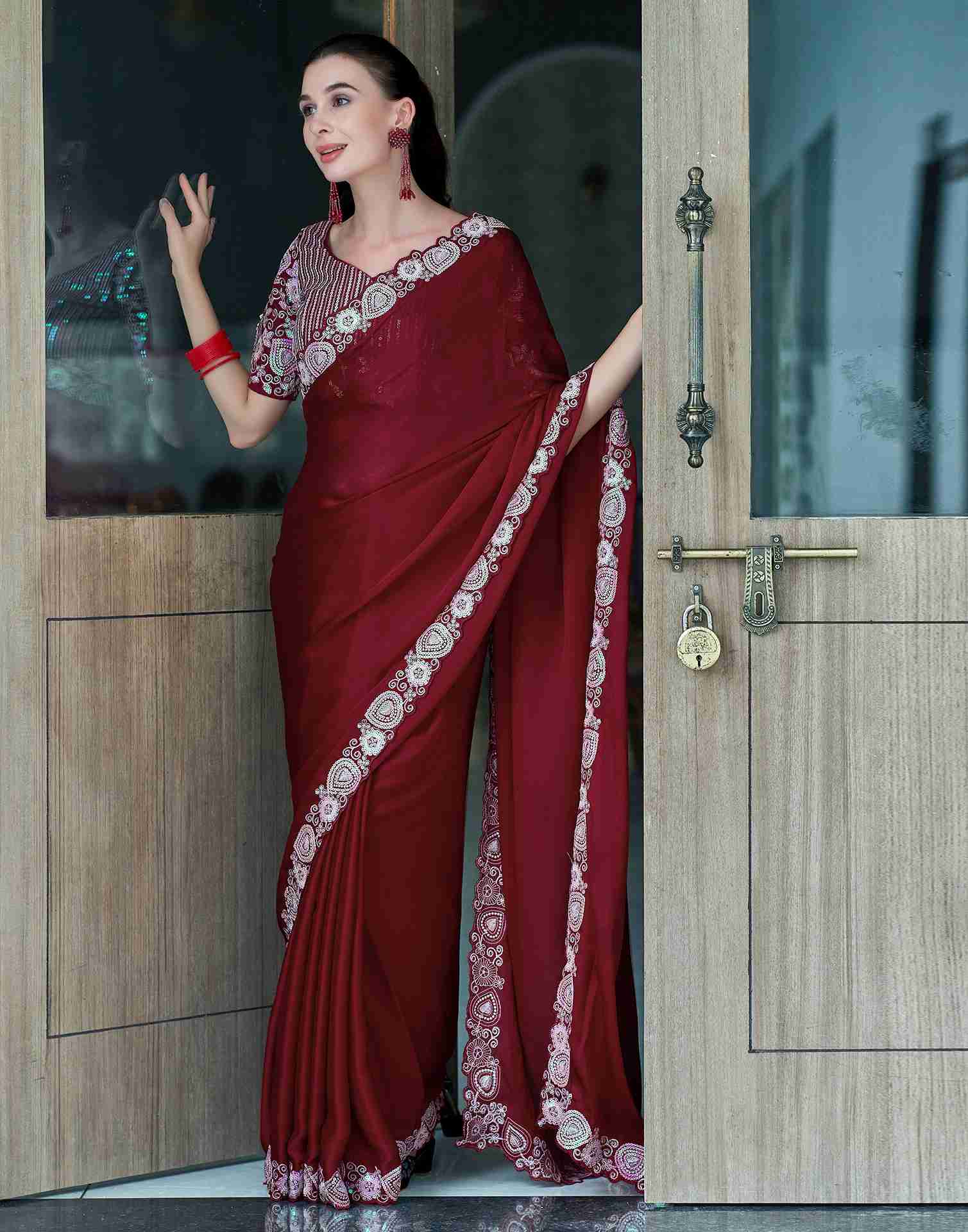 Maroon Chiffon Embroidery Plain Saree