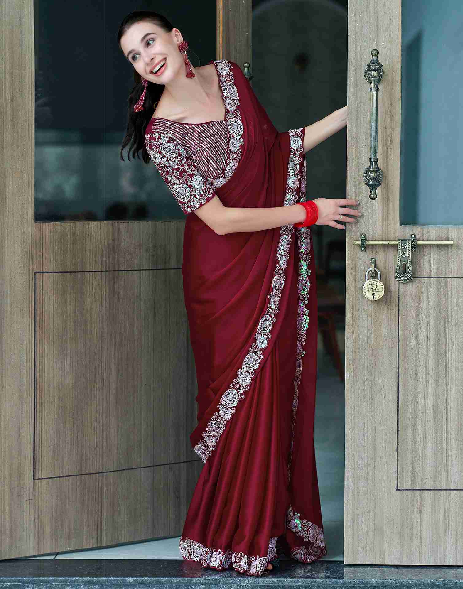 Maroon Chiffon Embroidery Plain Saree