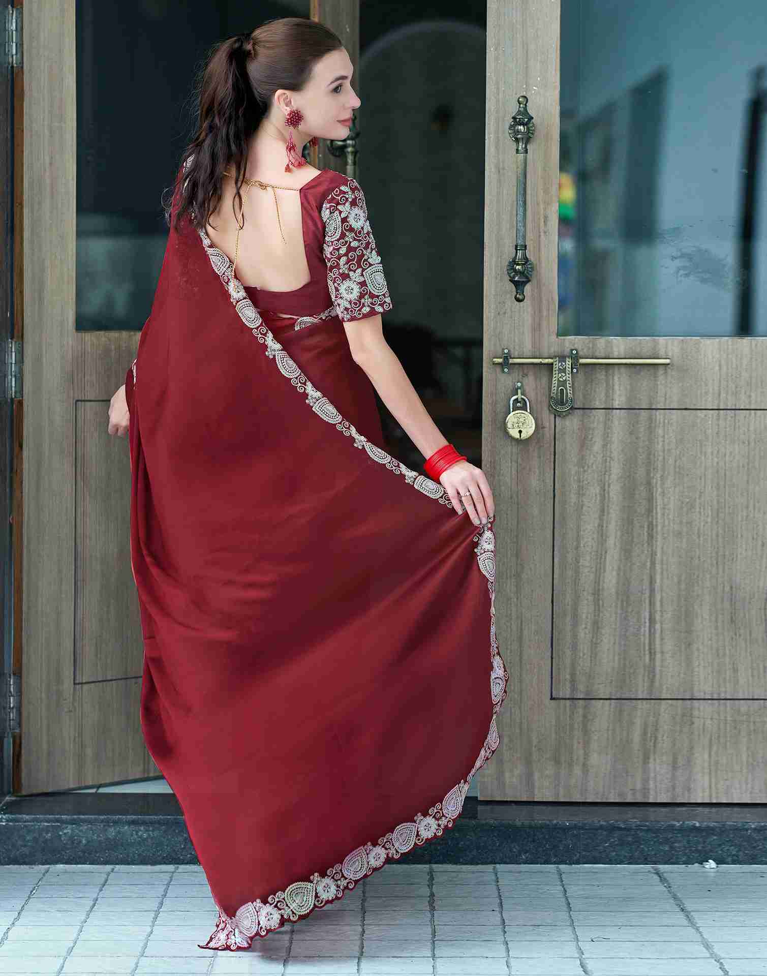 Maroon Chiffon Embroidery Plain Saree