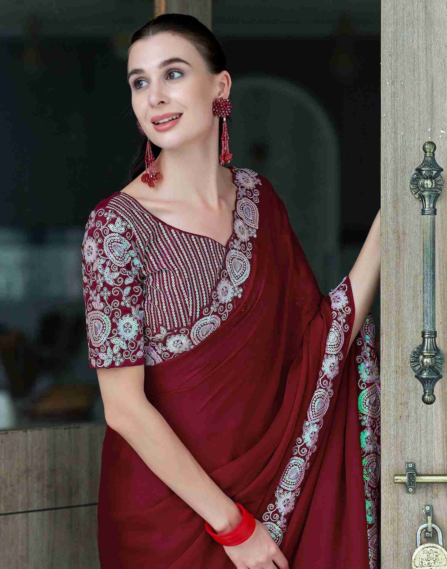 Maroon Chiffon Embroidery Plain Saree