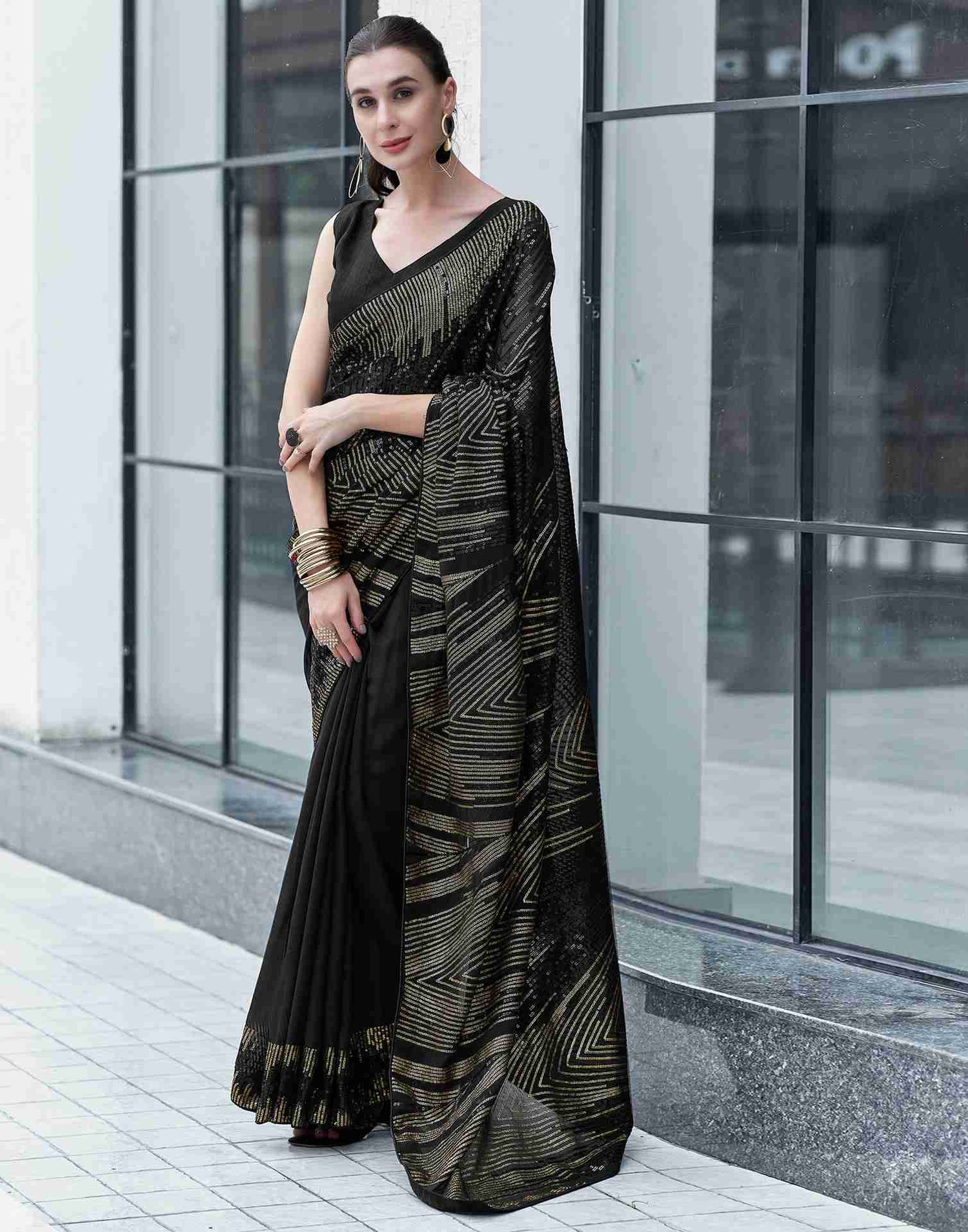 Black Georgette Sequence Embellished Saree