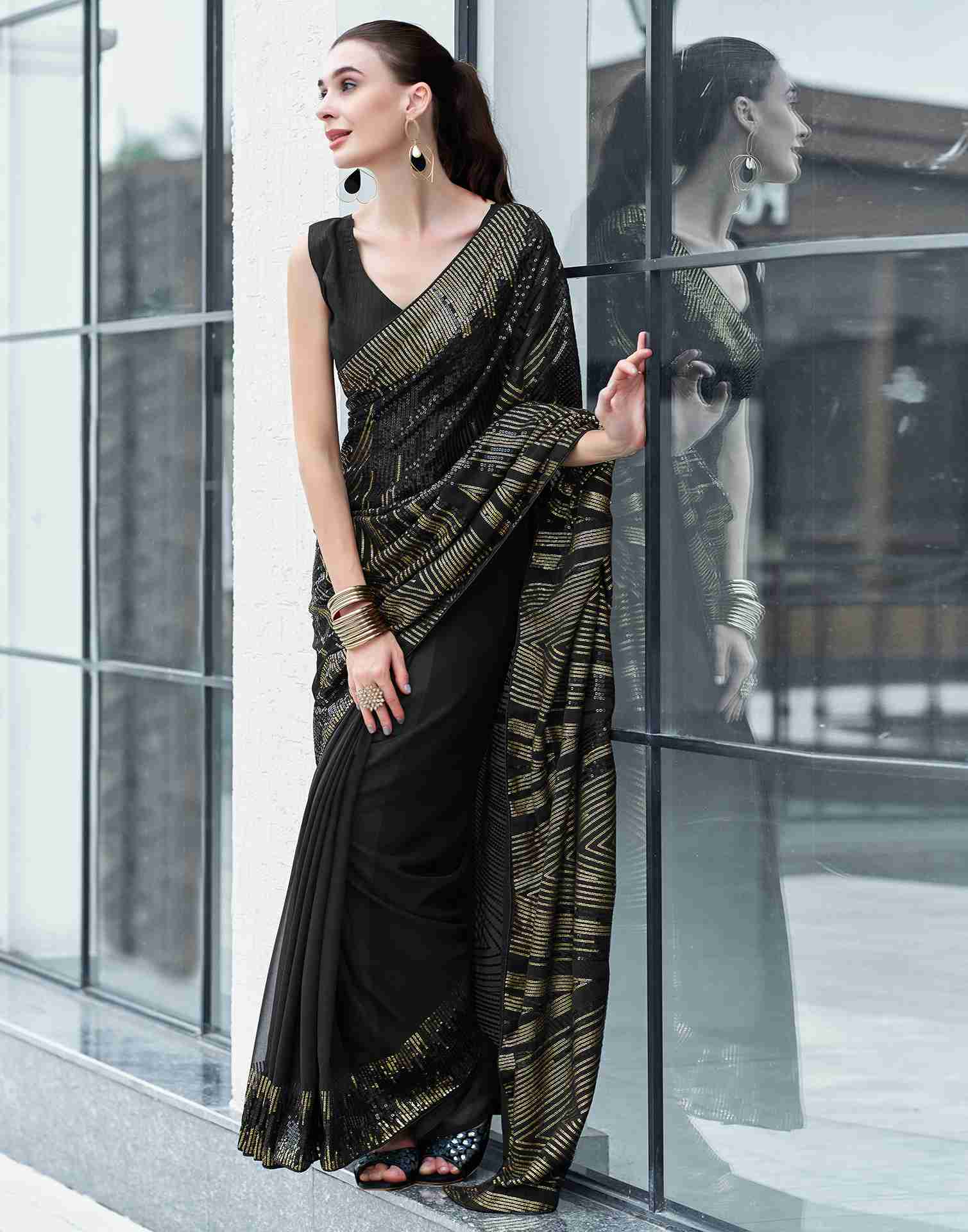 Black Georgette Sequence Embellished Saree