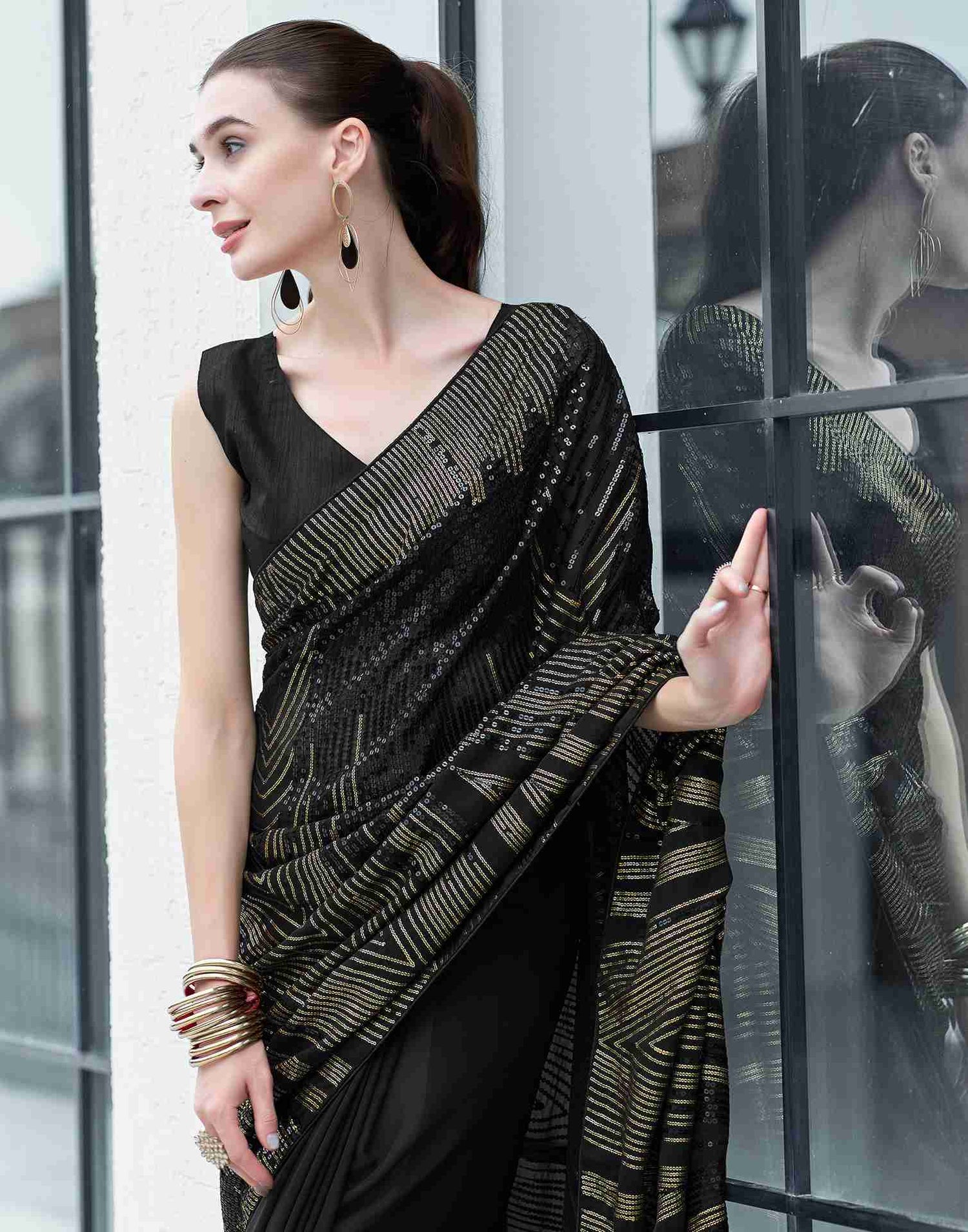 Black Georgette Sequence Embellished Saree