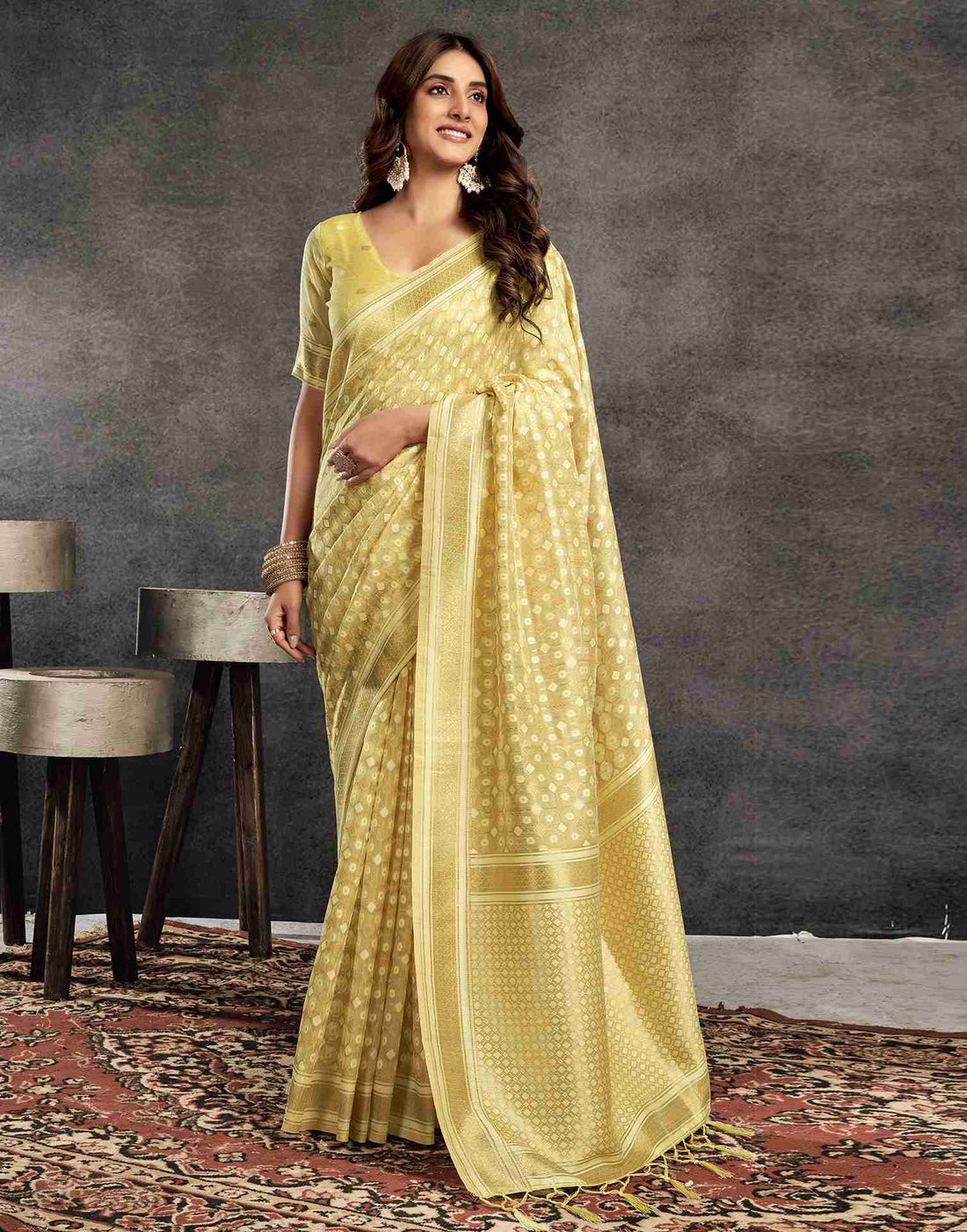 Light Yellow Silk Woven Saree