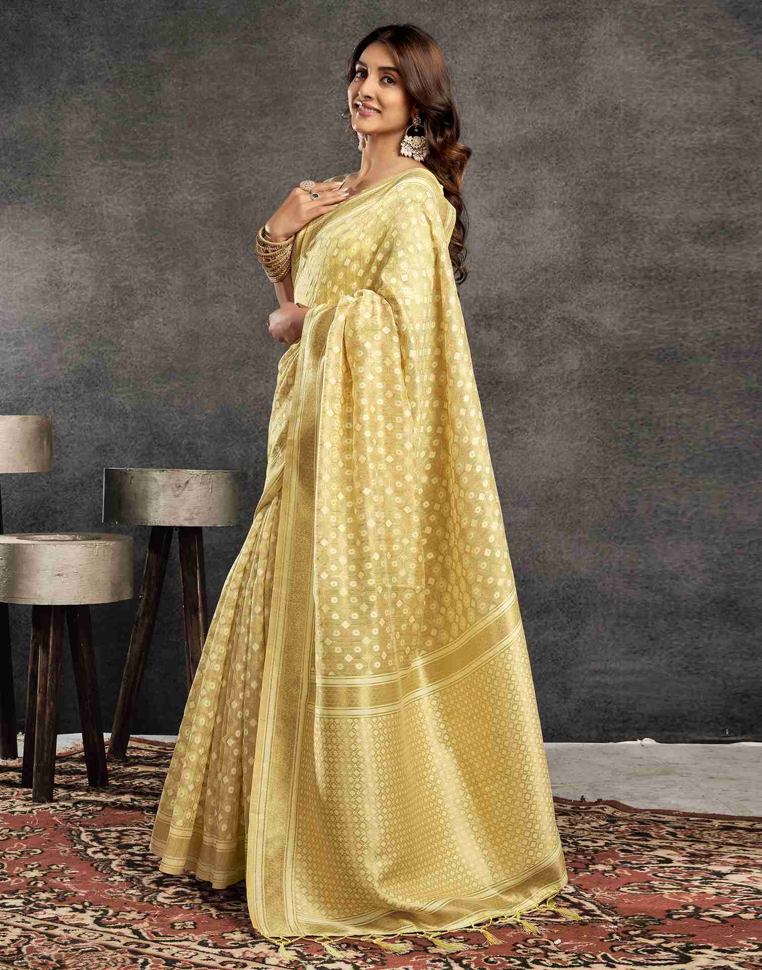 Light Yellow Silk Woven Saree