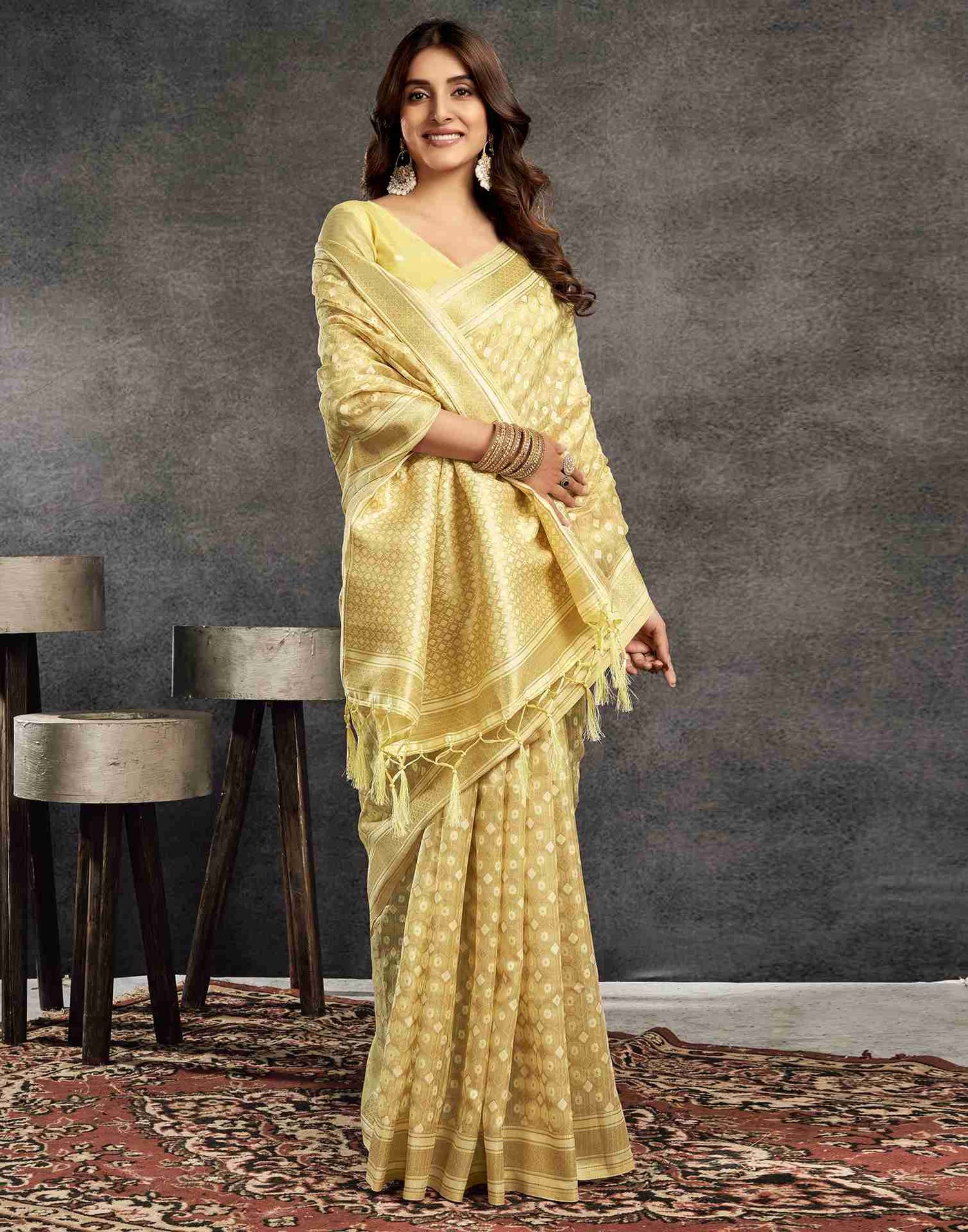 Light Yellow Silk Woven Saree