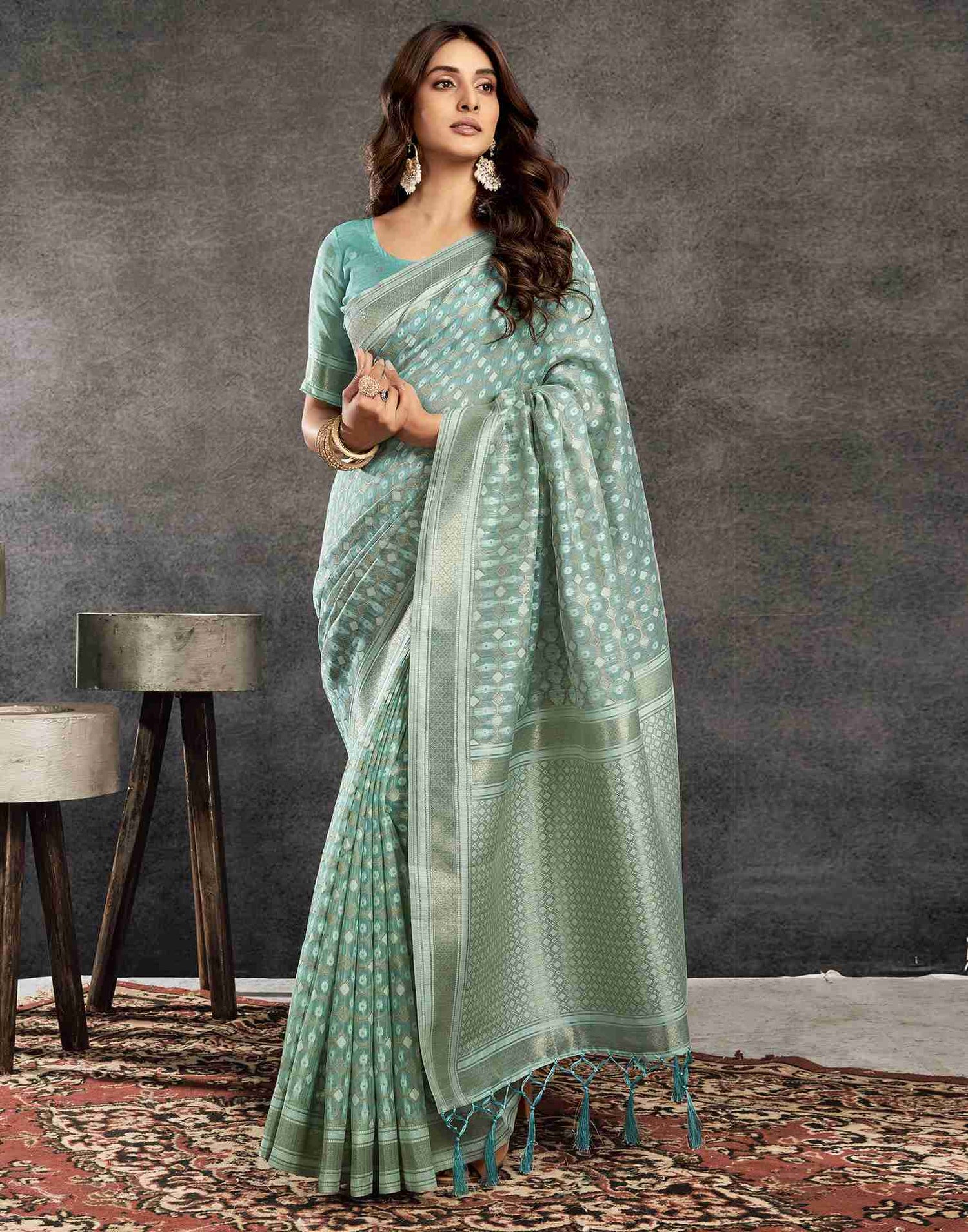 Light Turquoise Silk Woven Saree