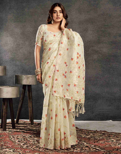 Cream Cotton Woven Saree