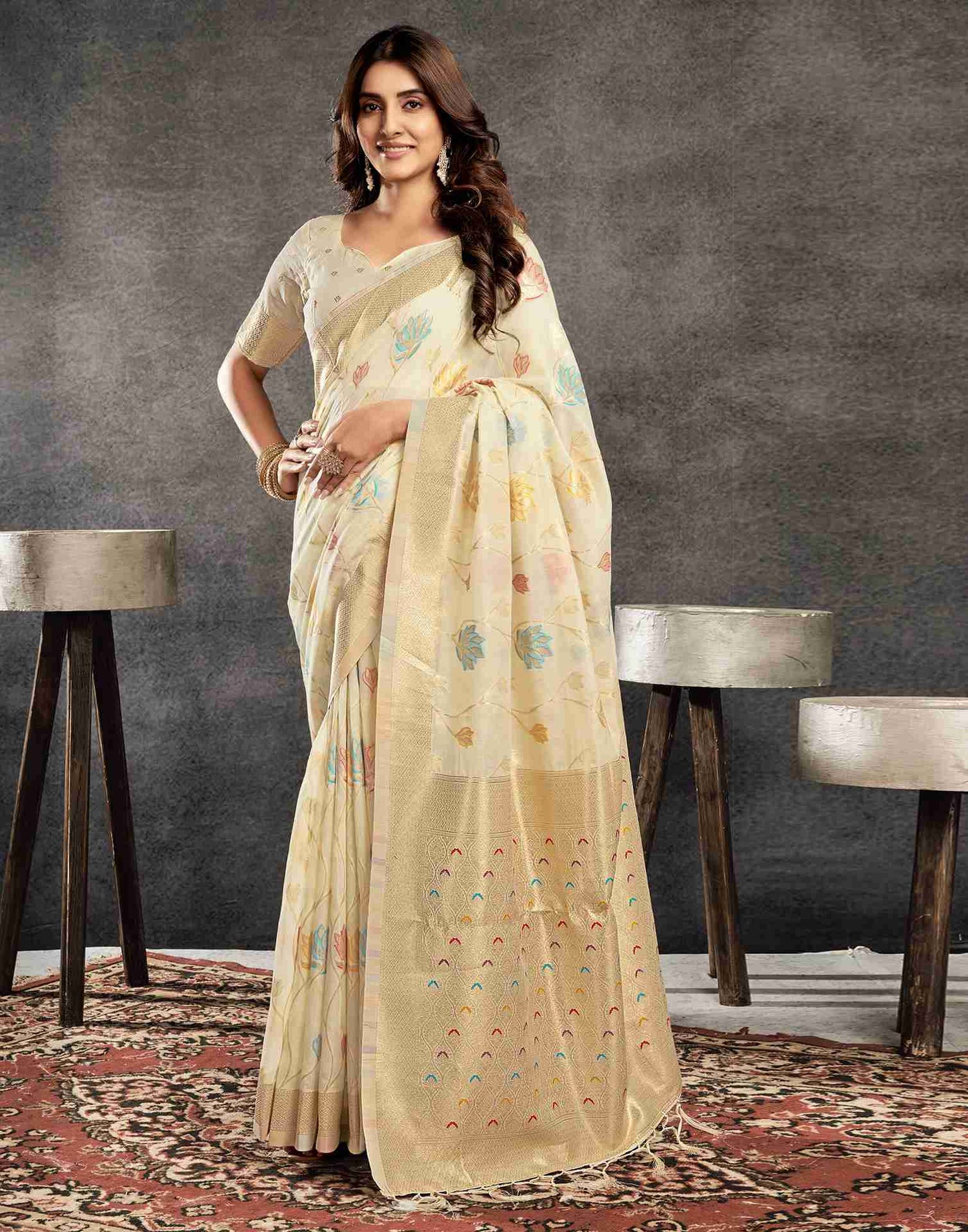 Cream Cotton Woven Saree