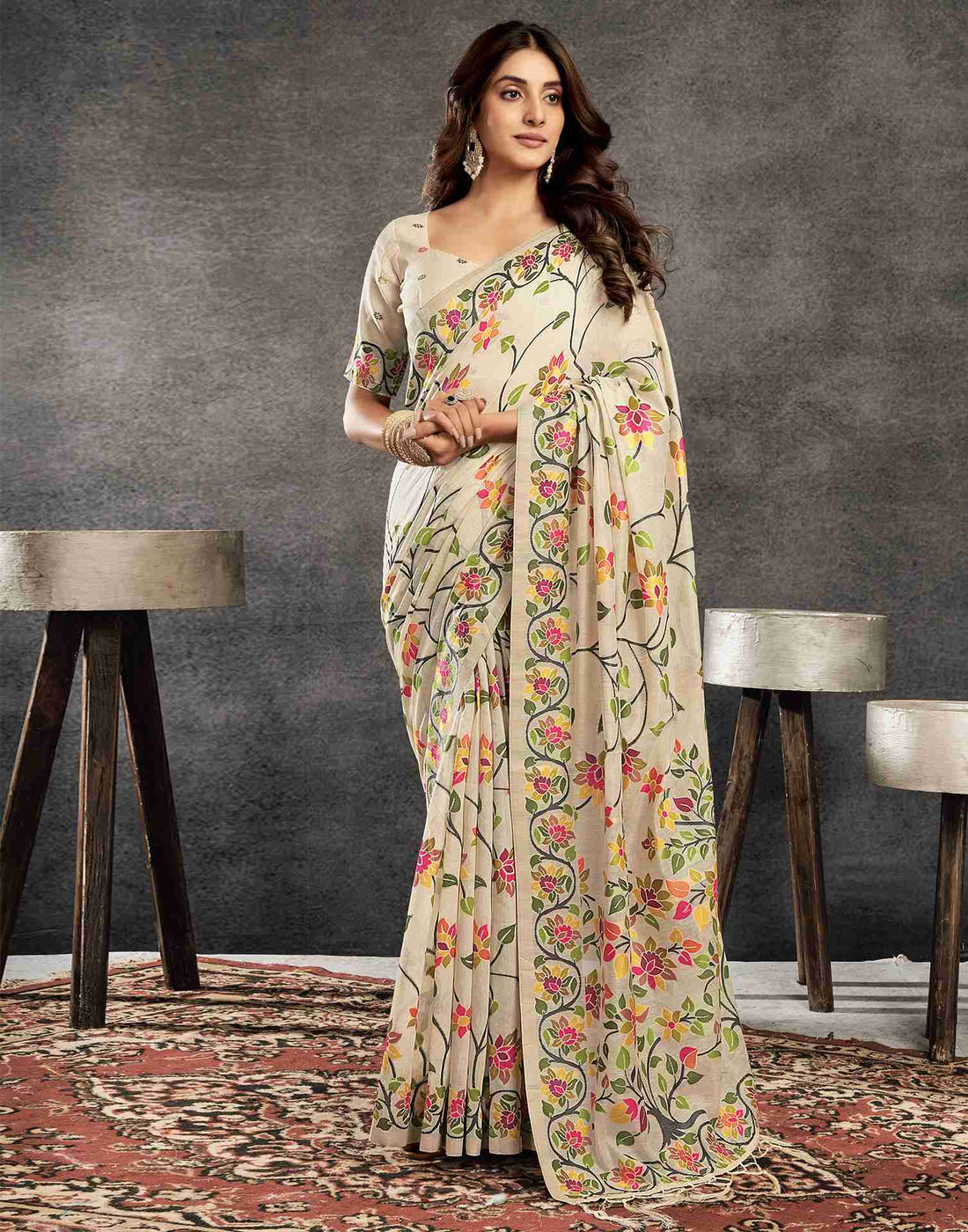 Cream Cotton Woven Printed Saree