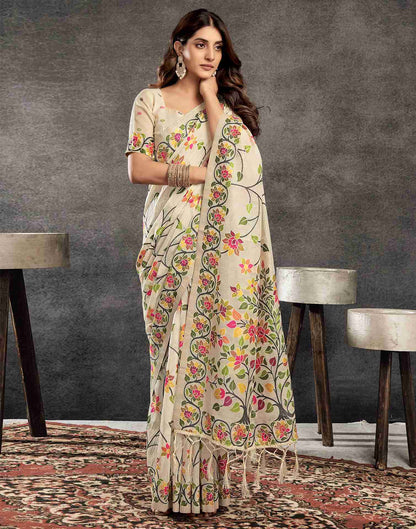 Cream Cotton Woven Printed Saree