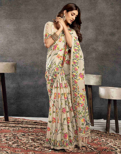 Cream Cotton Woven Printed Saree