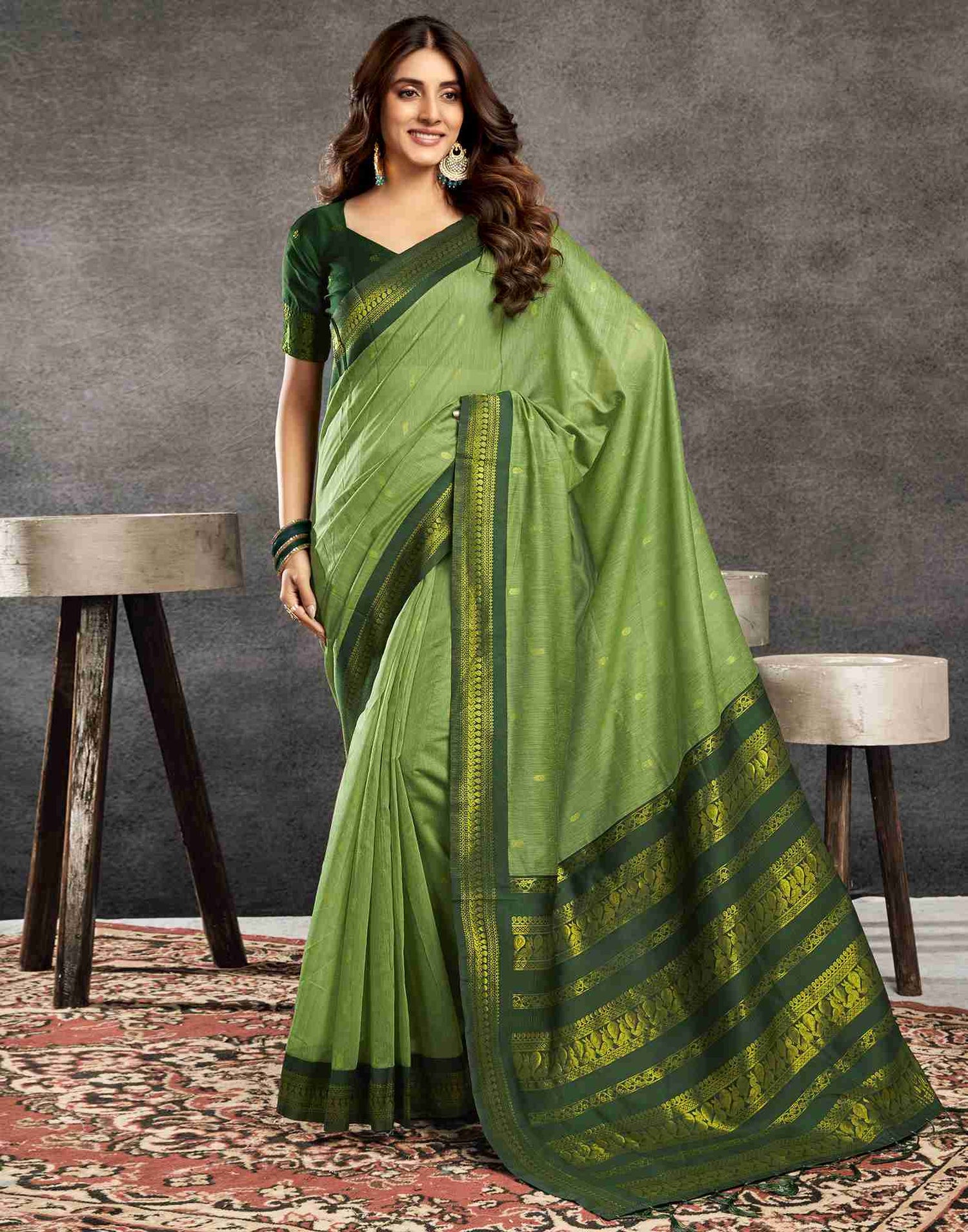 Pista Green Cotton Woven Saree