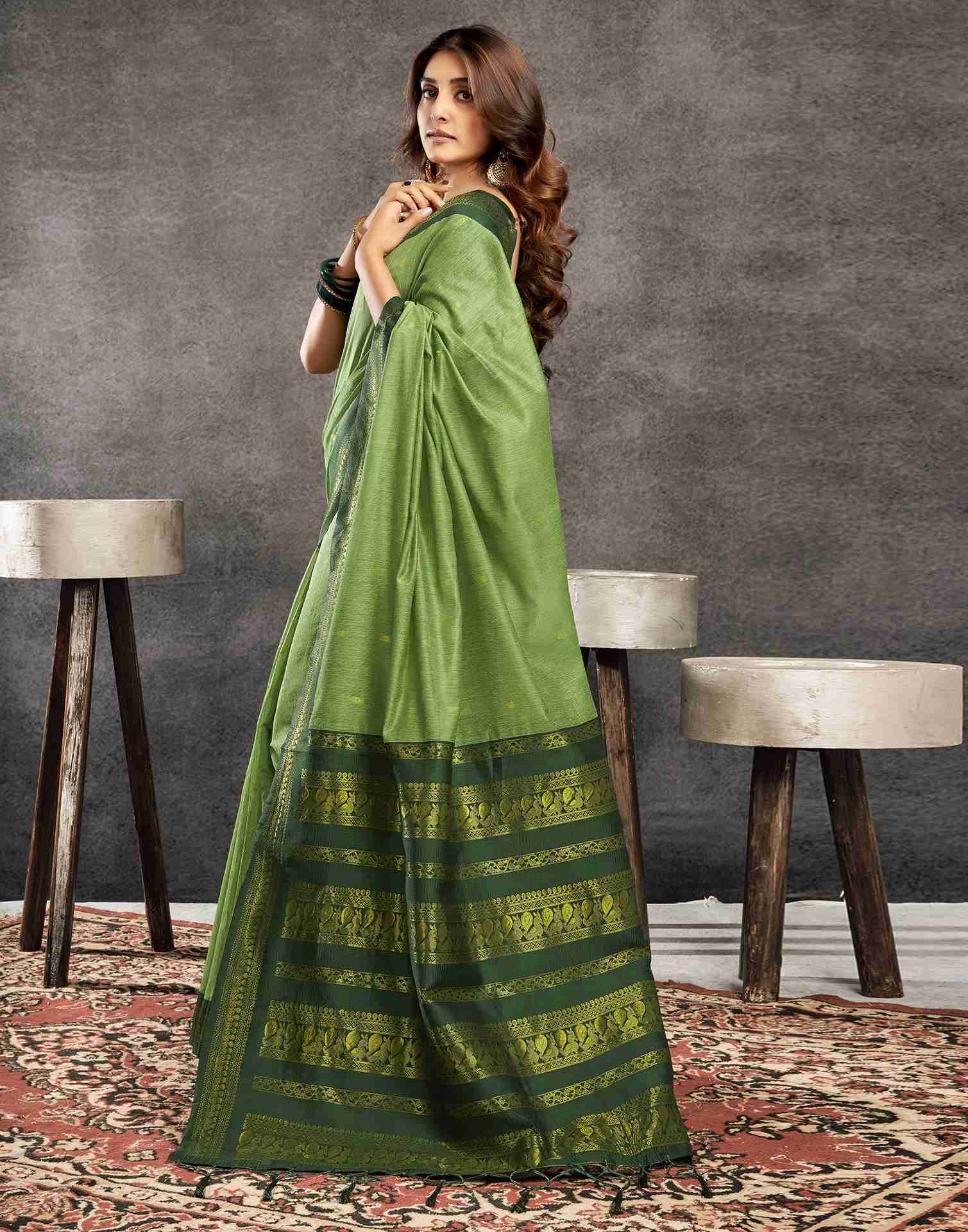 Pista Green Cotton Woven Saree