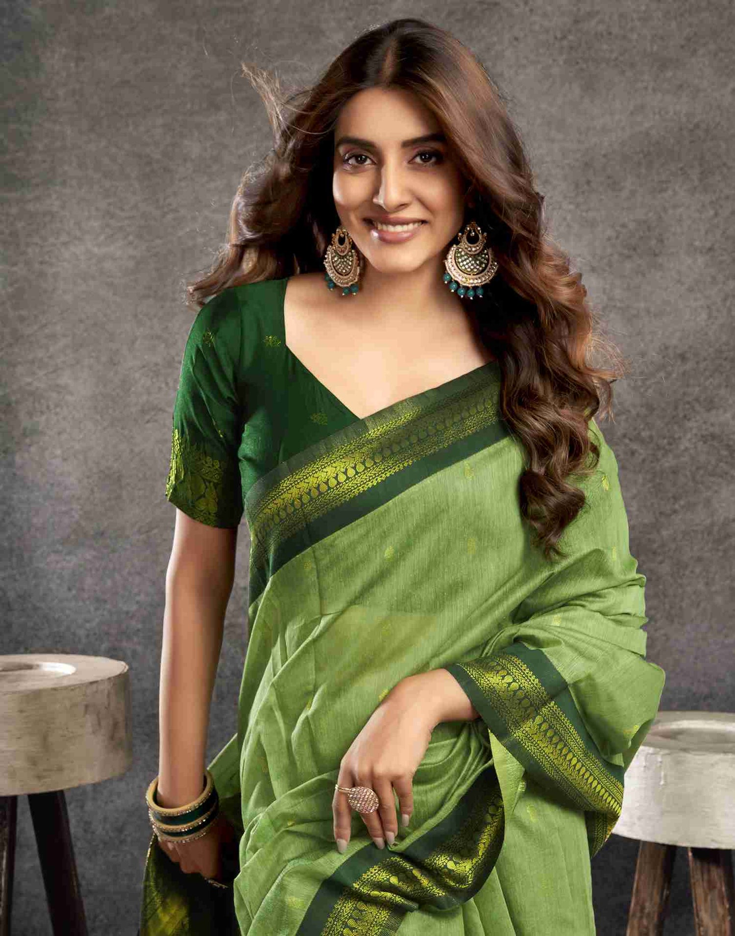 Pista Green Cotton Woven Saree