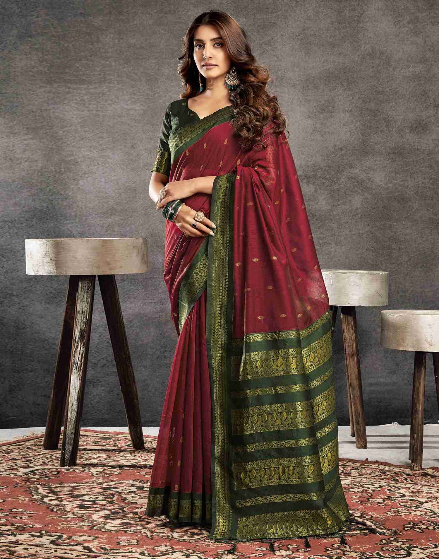 Maroon Cotton Woven Saree