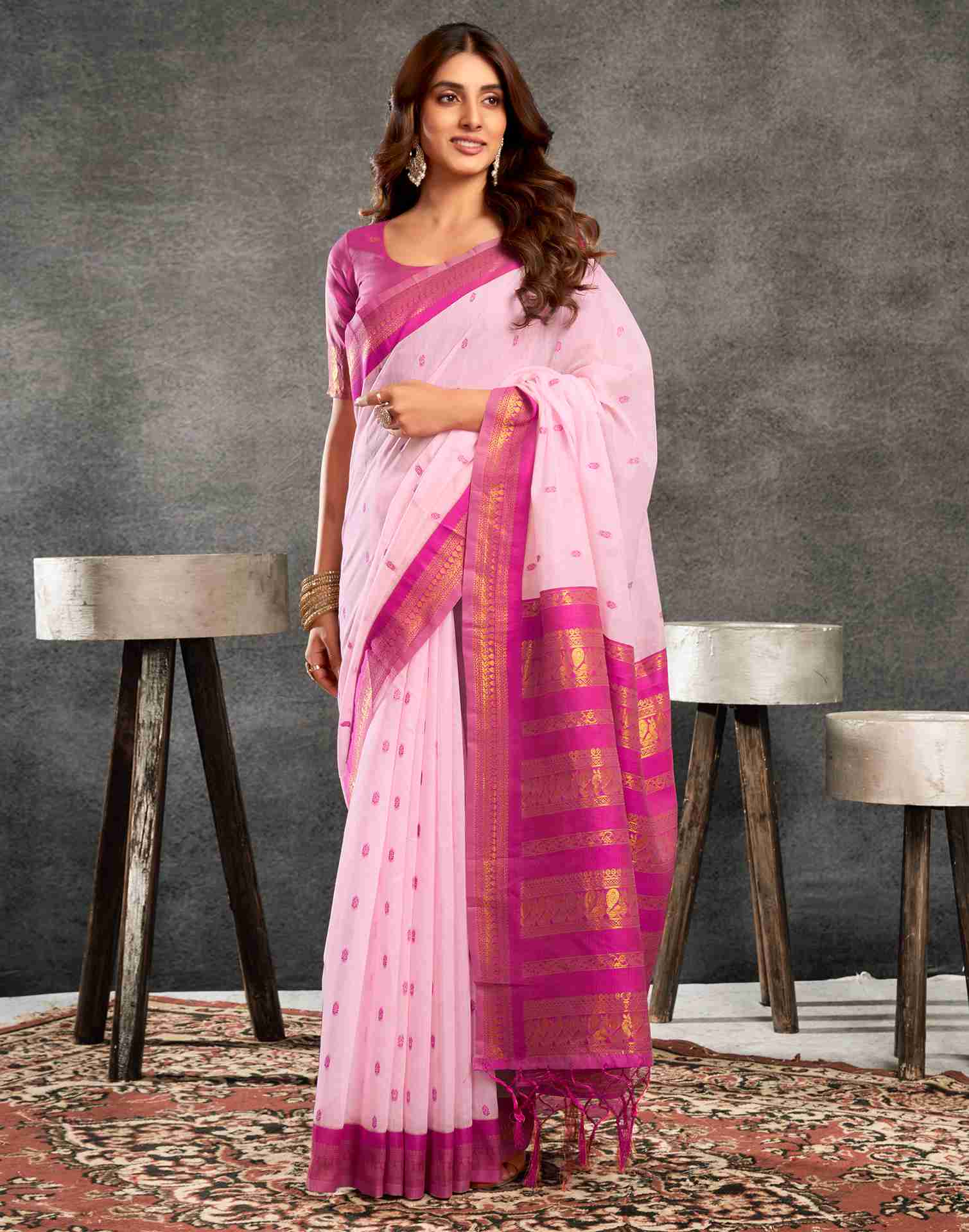 Light Pink Cotton Woven Saree