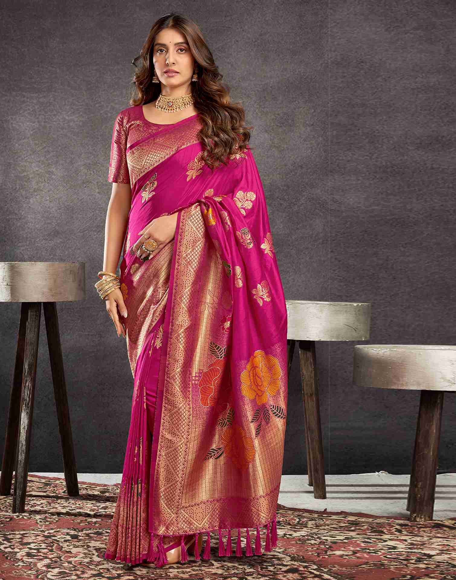 Rani Pink Chinnon Woven Banarasi Saree