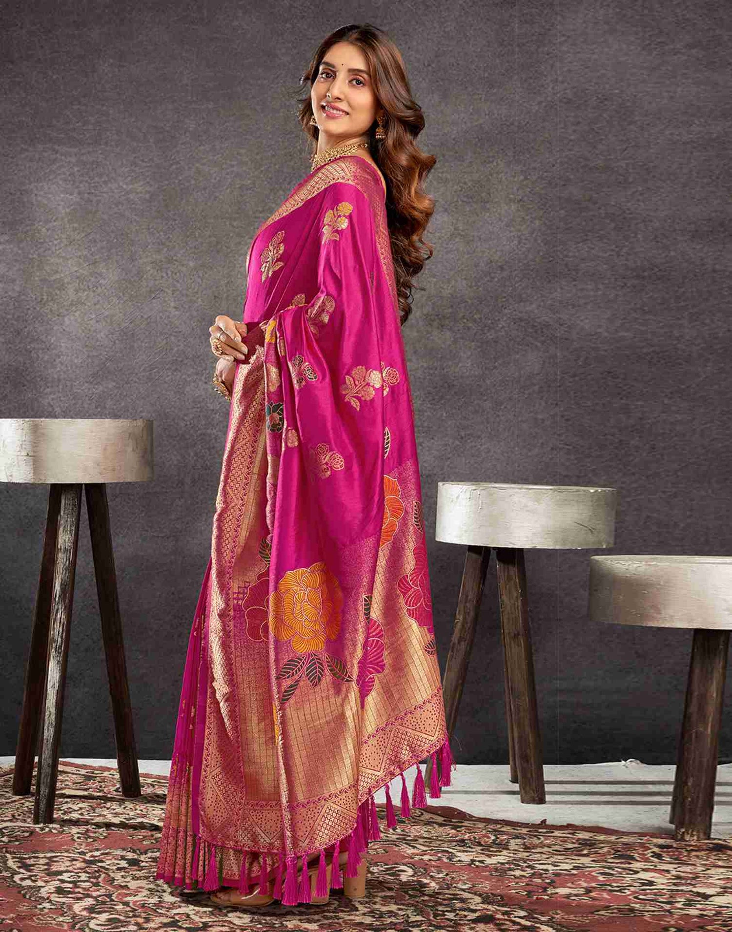 Rani Pink Chinnon Woven Banarasi Saree