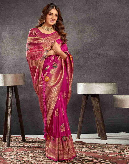 Rani Pink Chinnon Woven Banarasi Saree