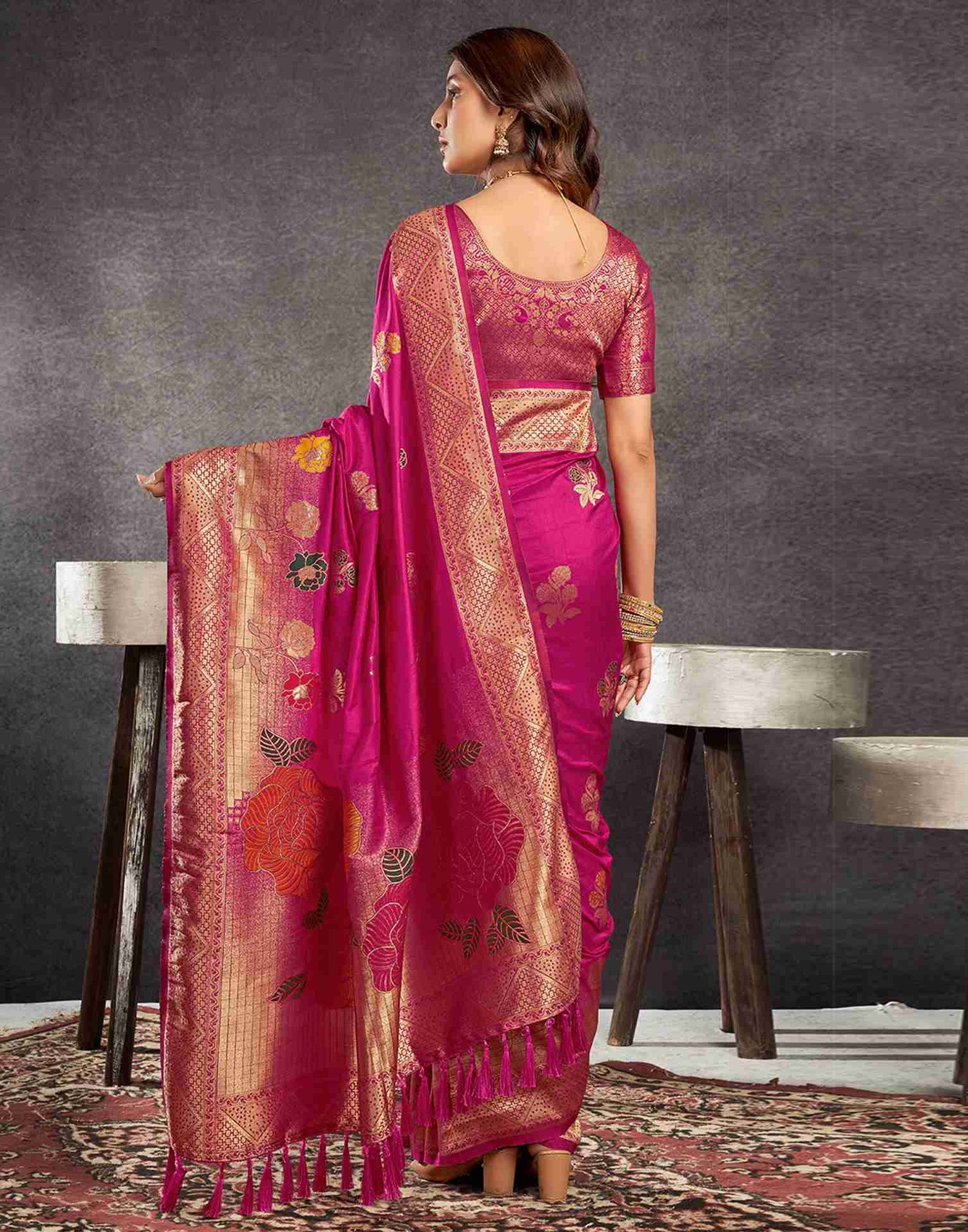 Rani Pink Chinnon Woven Banarasi Saree