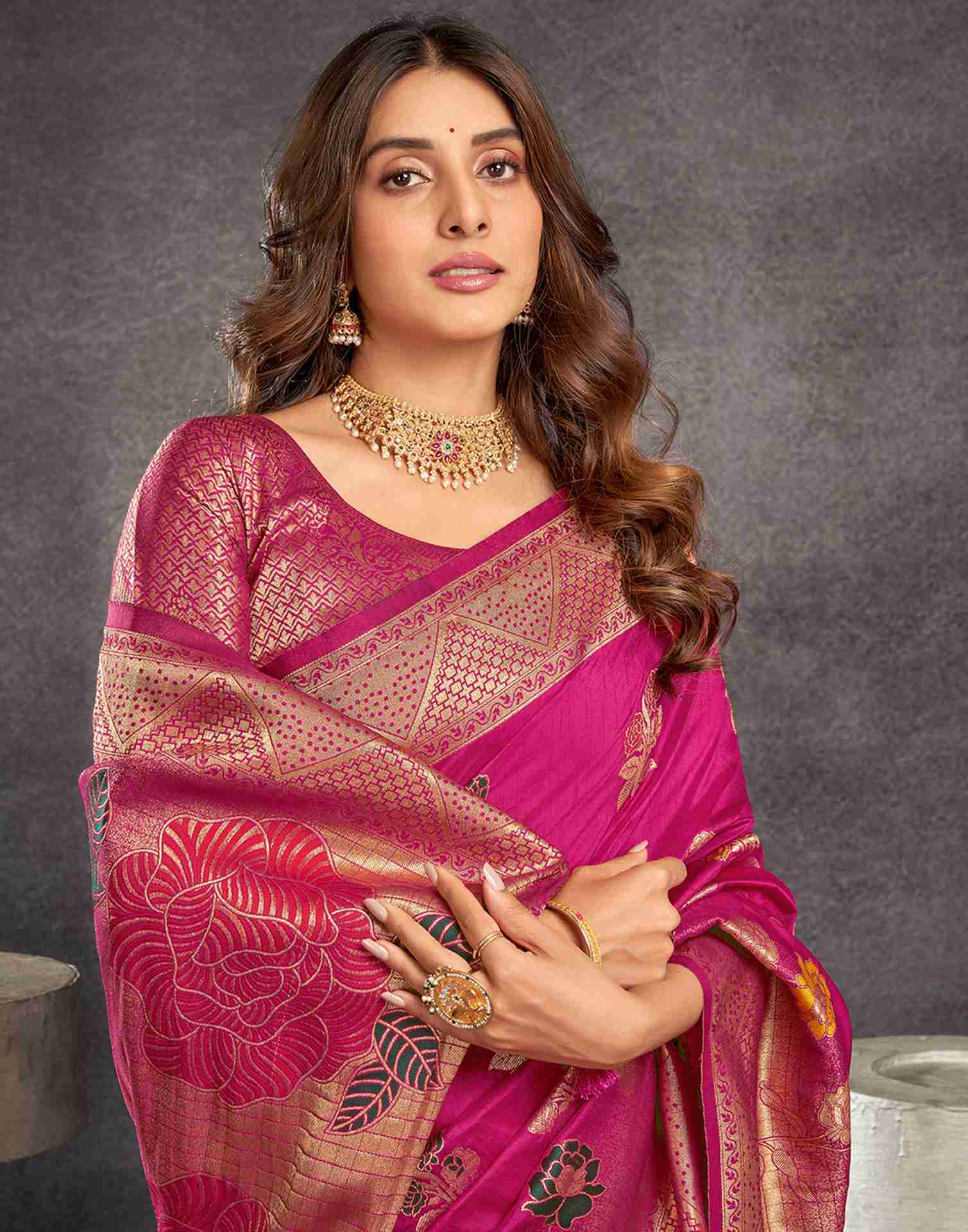 Rani Pink Chinnon Woven Banarasi Saree