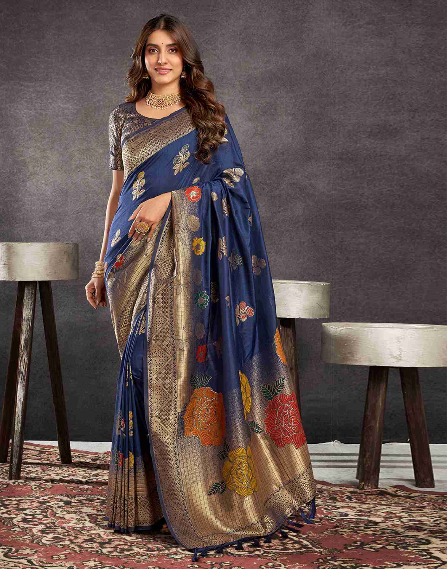 Navy Blue Chinnon Woven Banarasi Saree