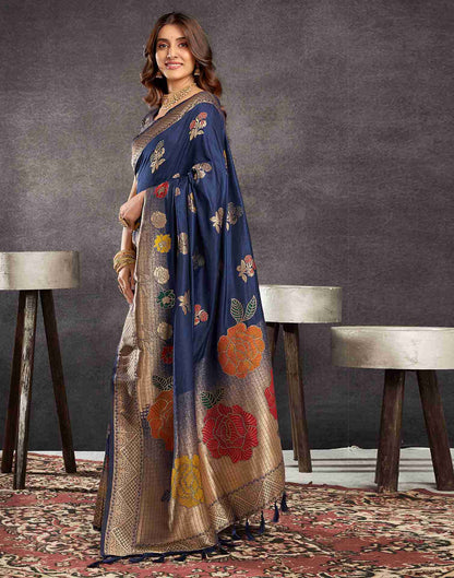 Navy Blue Chinnon Woven Banarasi Saree