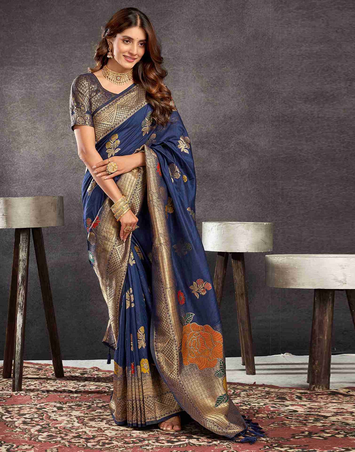 Navy Blue Chinnon Woven Banarasi Saree