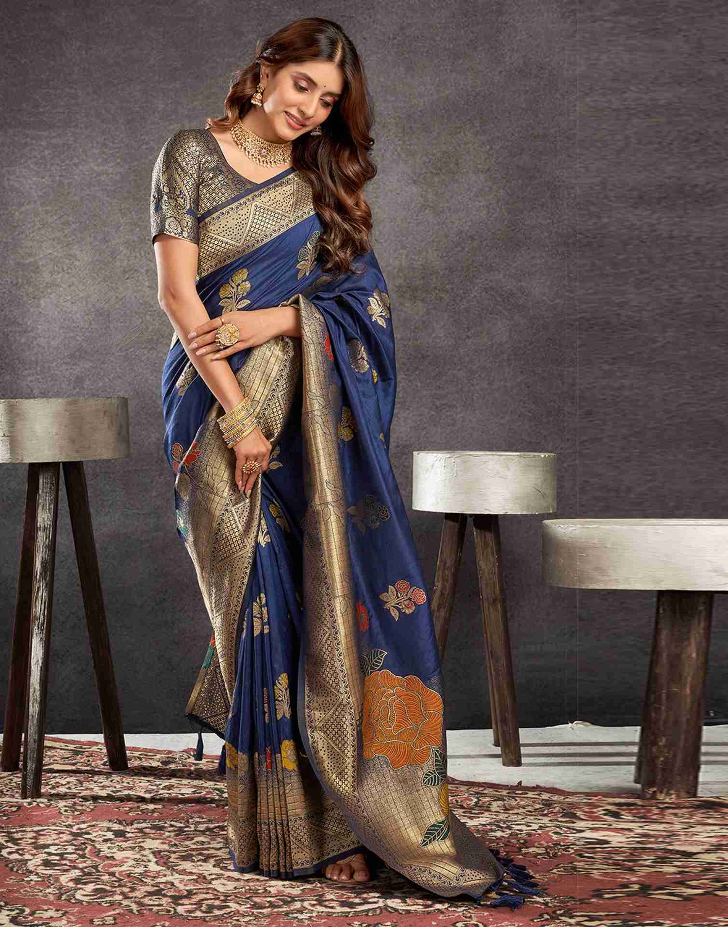 Navy Blue Chinnon Woven Banarasi Saree