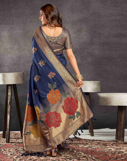 Navy Blue Chinnon Woven Banarasi Saree