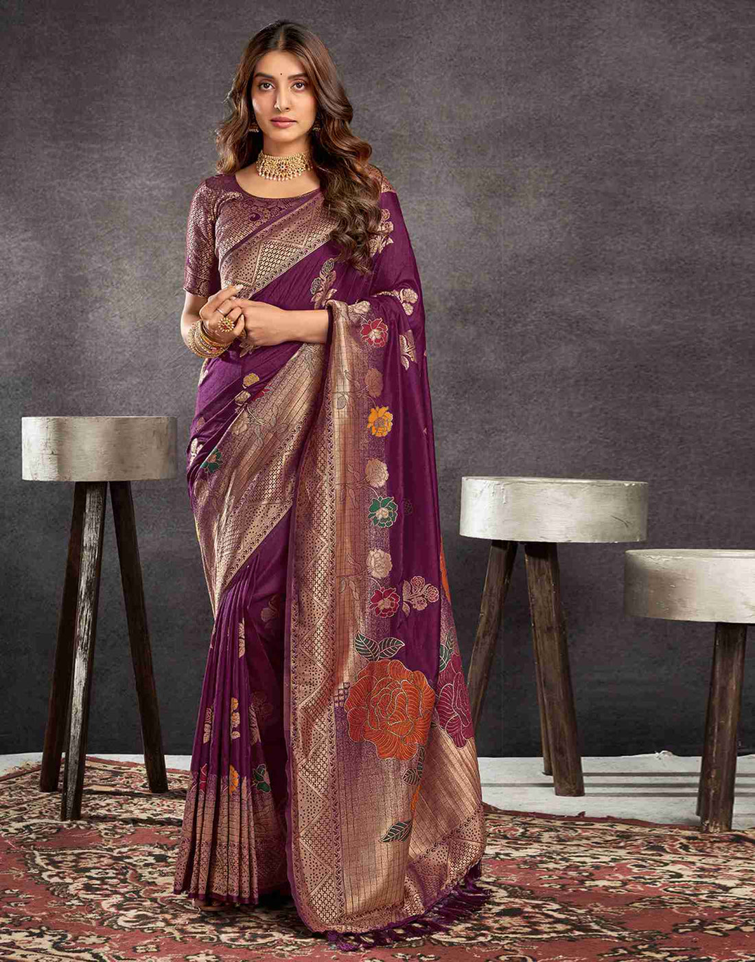 Wine Chinnon Woven Banarasi Saree