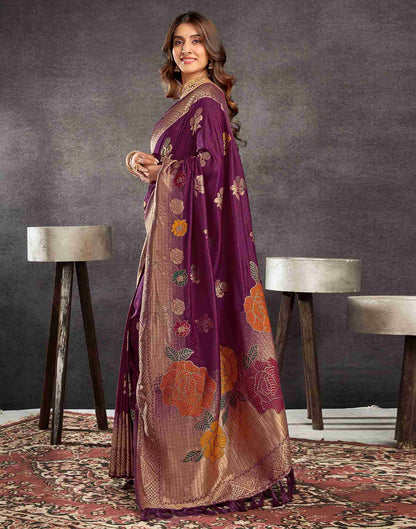 Wine Chinnon Woven Banarasi Saree