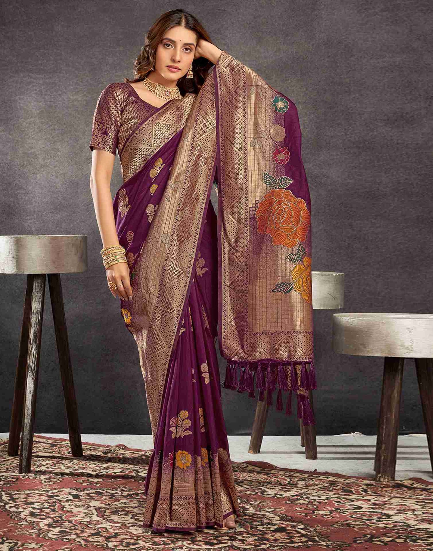 Wine Chinnon Woven Banarasi Saree