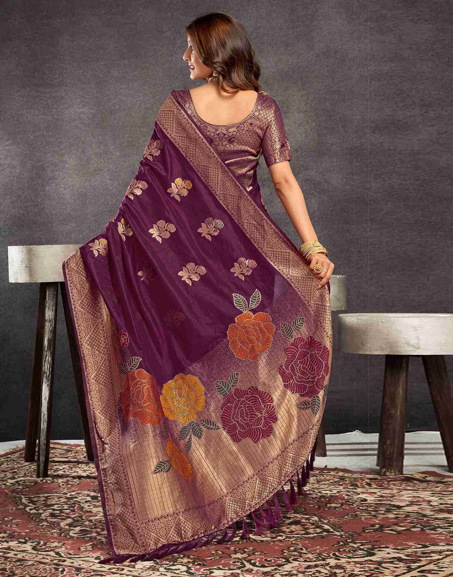 Wine Chinnon Woven Banarasi Saree