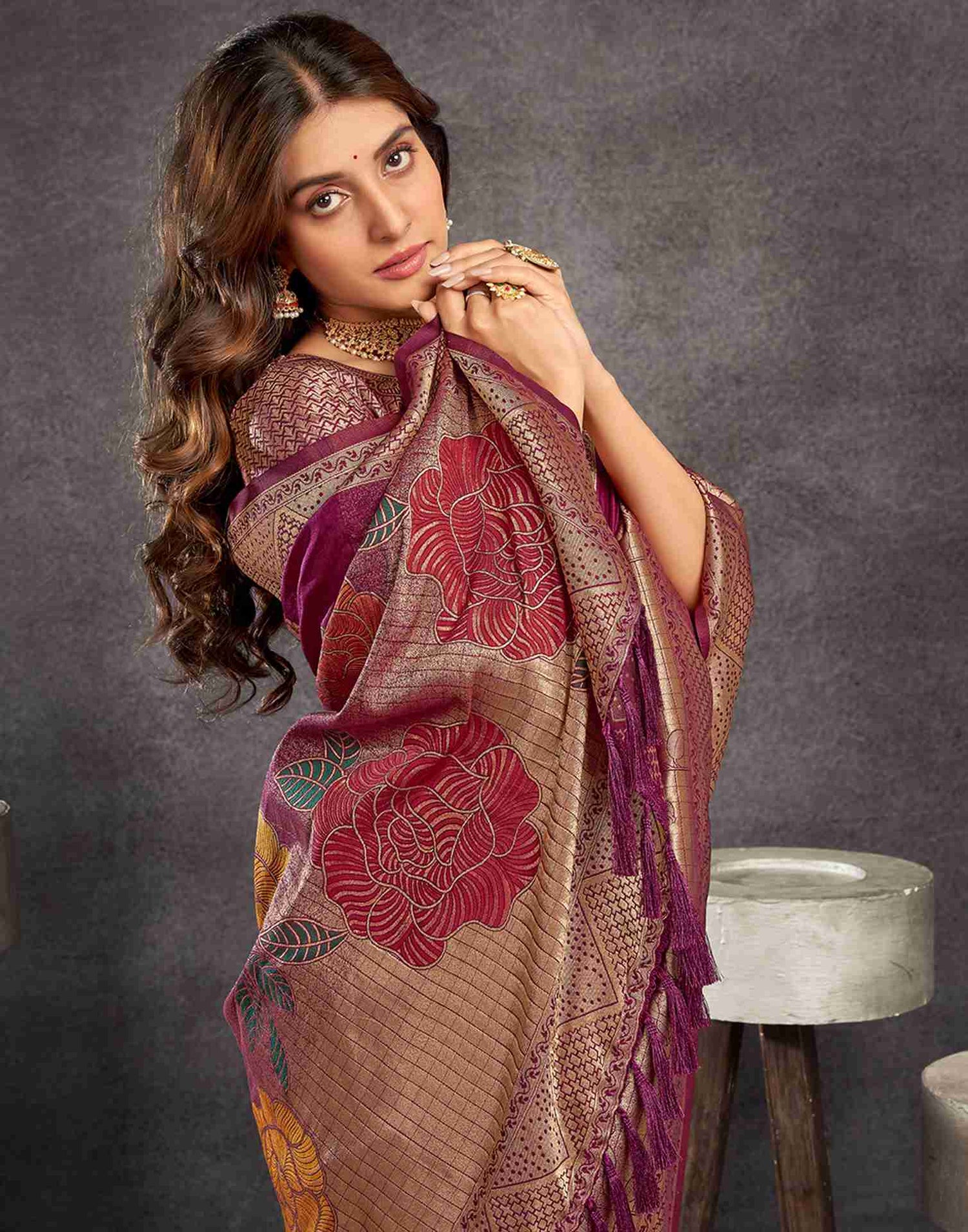 Wine Chinnon Woven Banarasi Saree