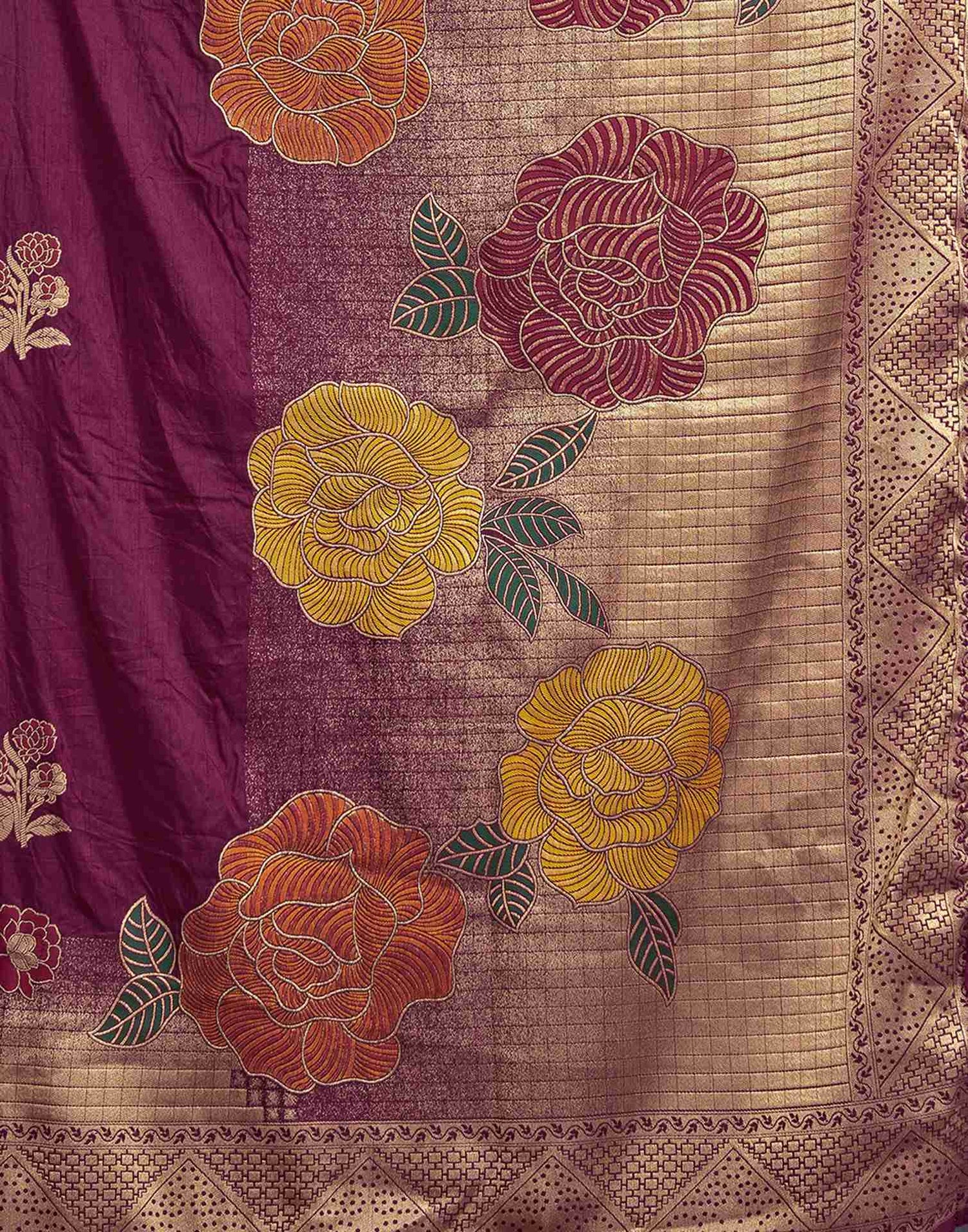 Wine Chinnon Woven Banarasi Saree