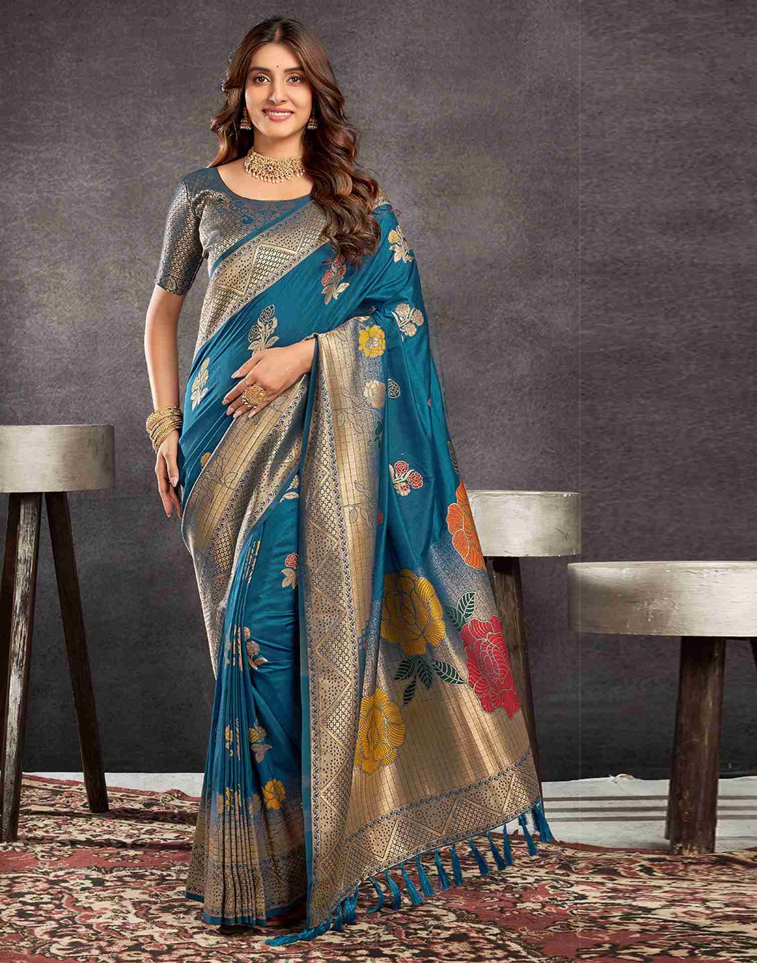 Rama Blue Chinnon Woven Banarasi Saree