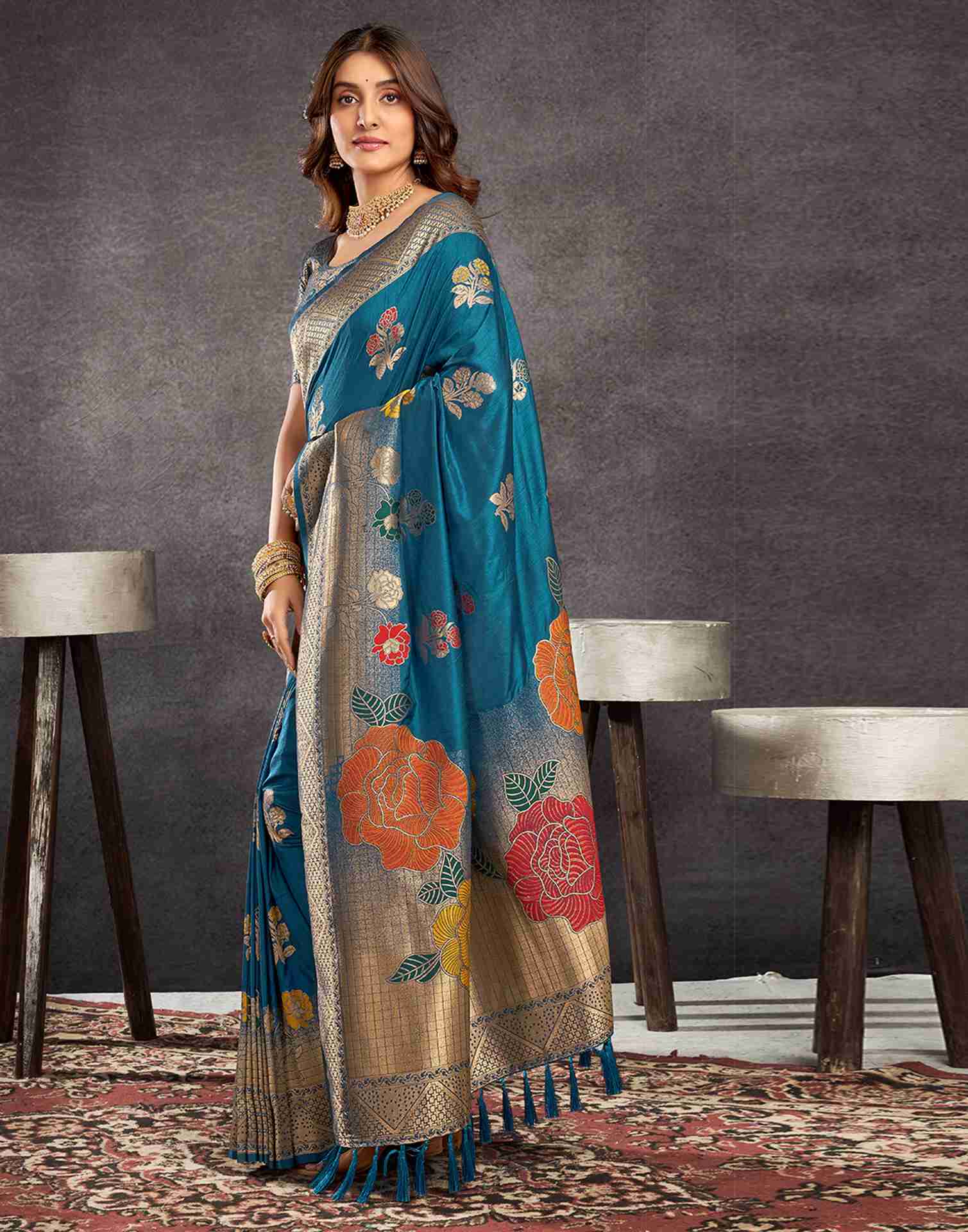 Rama Blue Chinnon Woven Banarasi Saree