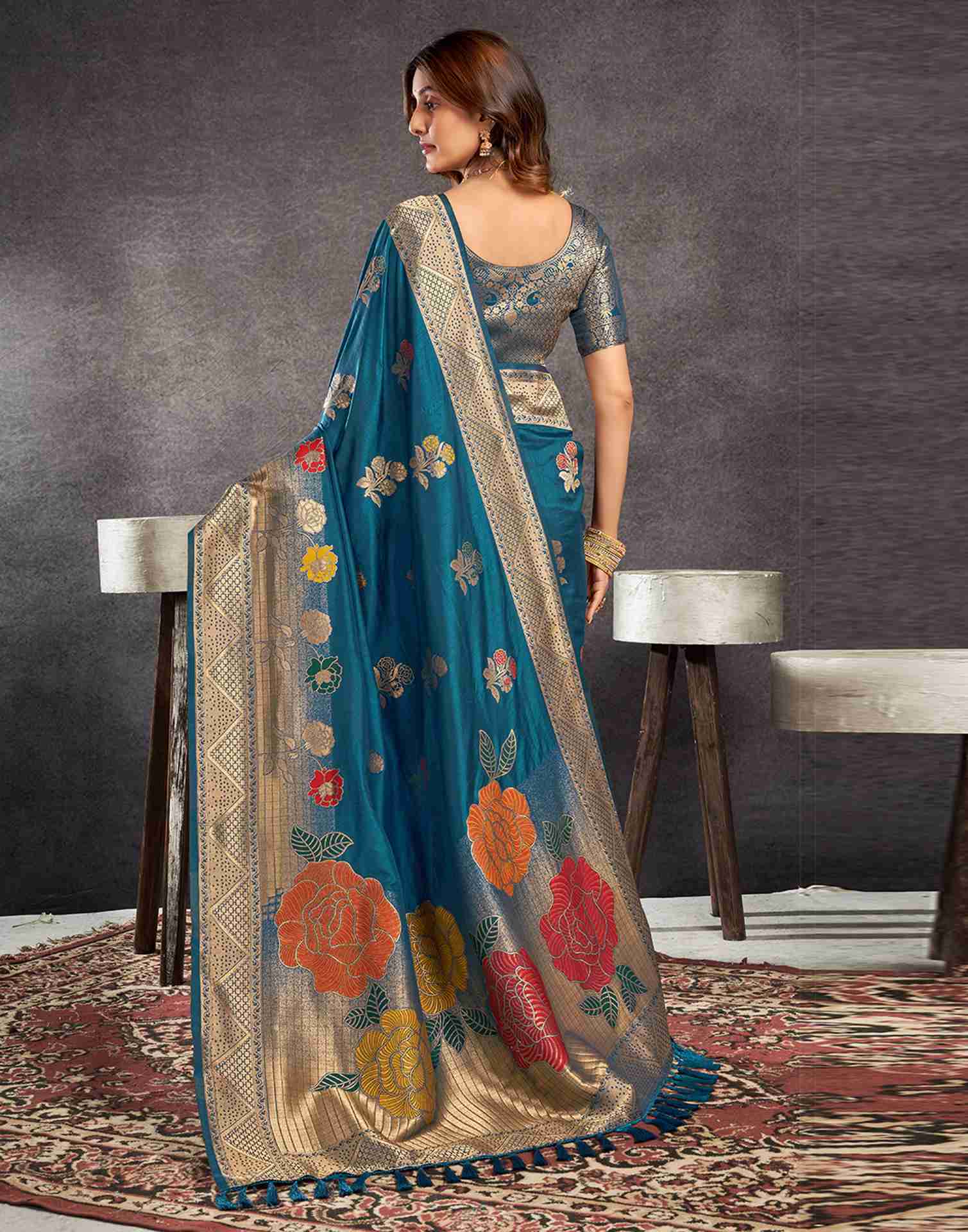 Rama Blue Chinnon Woven Banarasi Saree