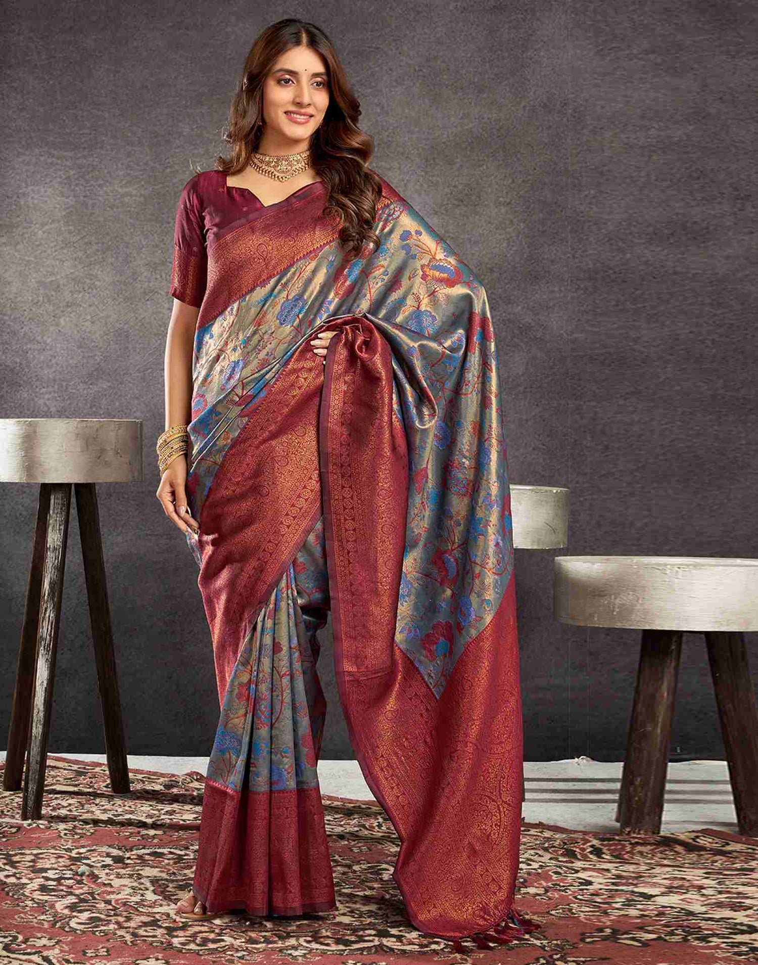 Maroon Silk Woven Kanjivaram Saree