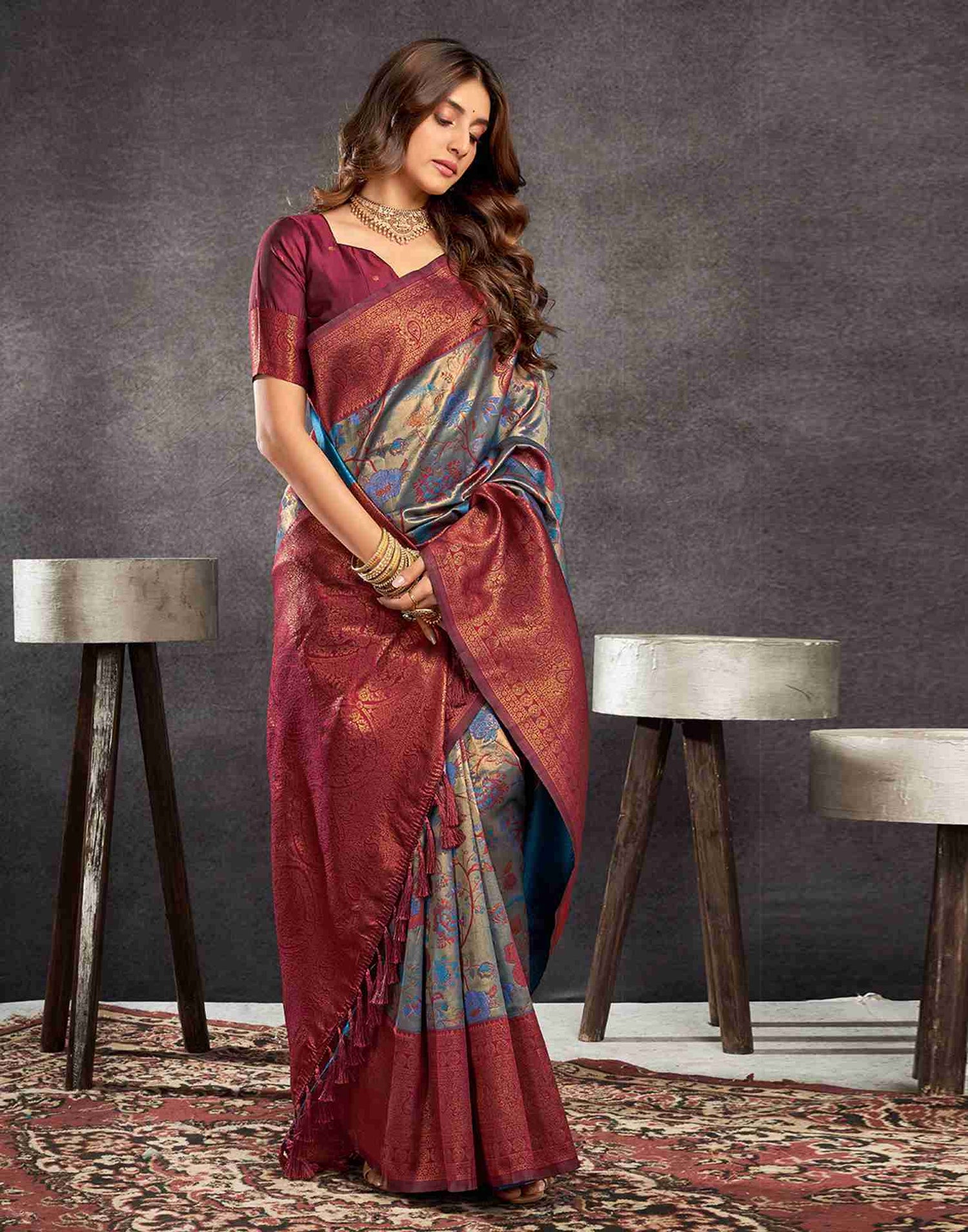 Maroon Silk Woven Kanjivaram Saree